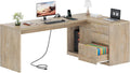 78 Inch L Shaped Office Desk with Drawers Fluted L Shape Computer Desk Executive Office Desk with File Cabinet Storage Shelves and Power Outlets Sturdy Writing Workstation Natural Oak