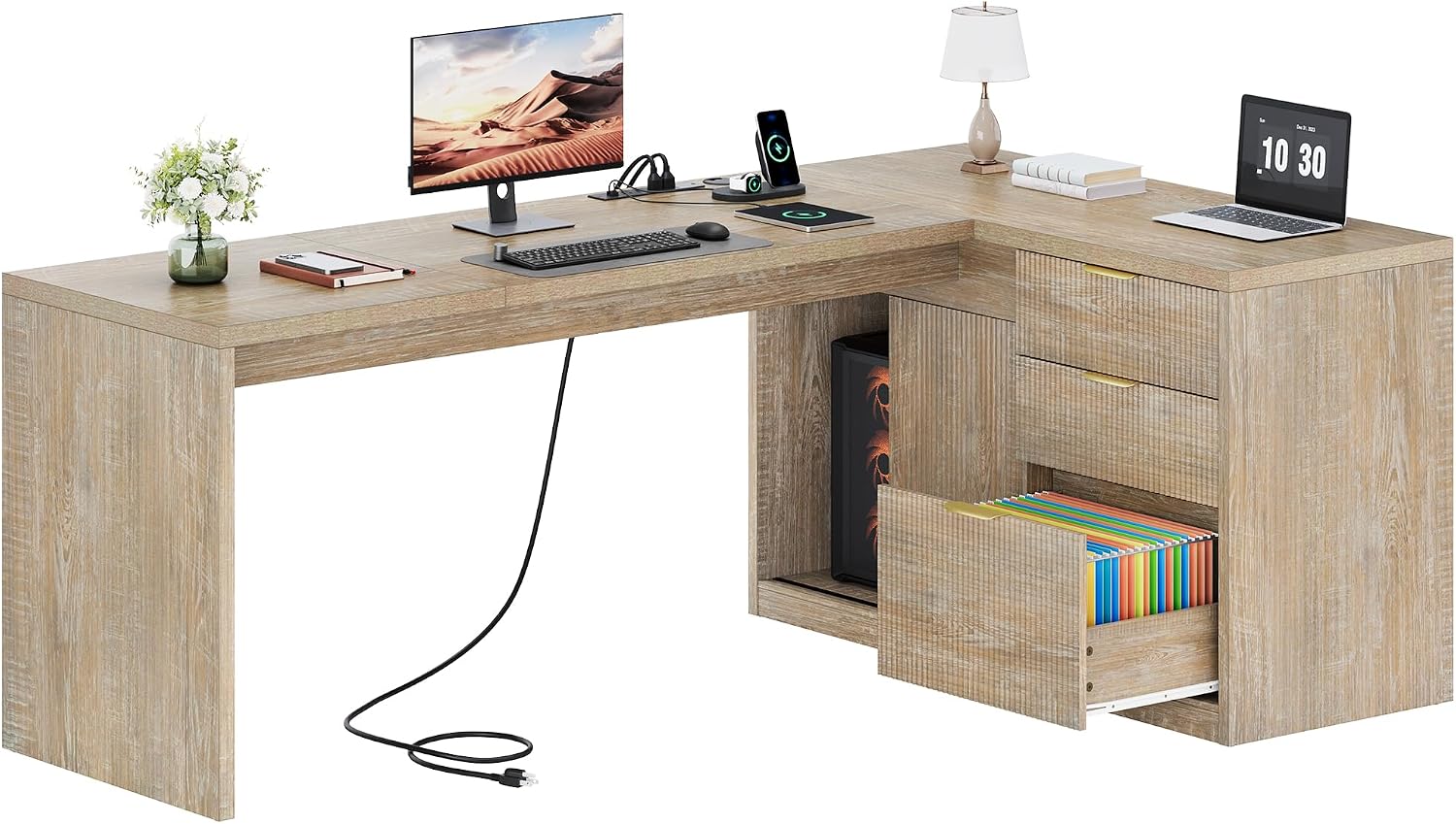 78 Inch L Shaped Office Desk with Drawers Fluted L Shape Computer Desk Executive Office Desk with File Cabinet Storage Shelves and Power Outlets Sturdy Writing Workstation Natural Oak