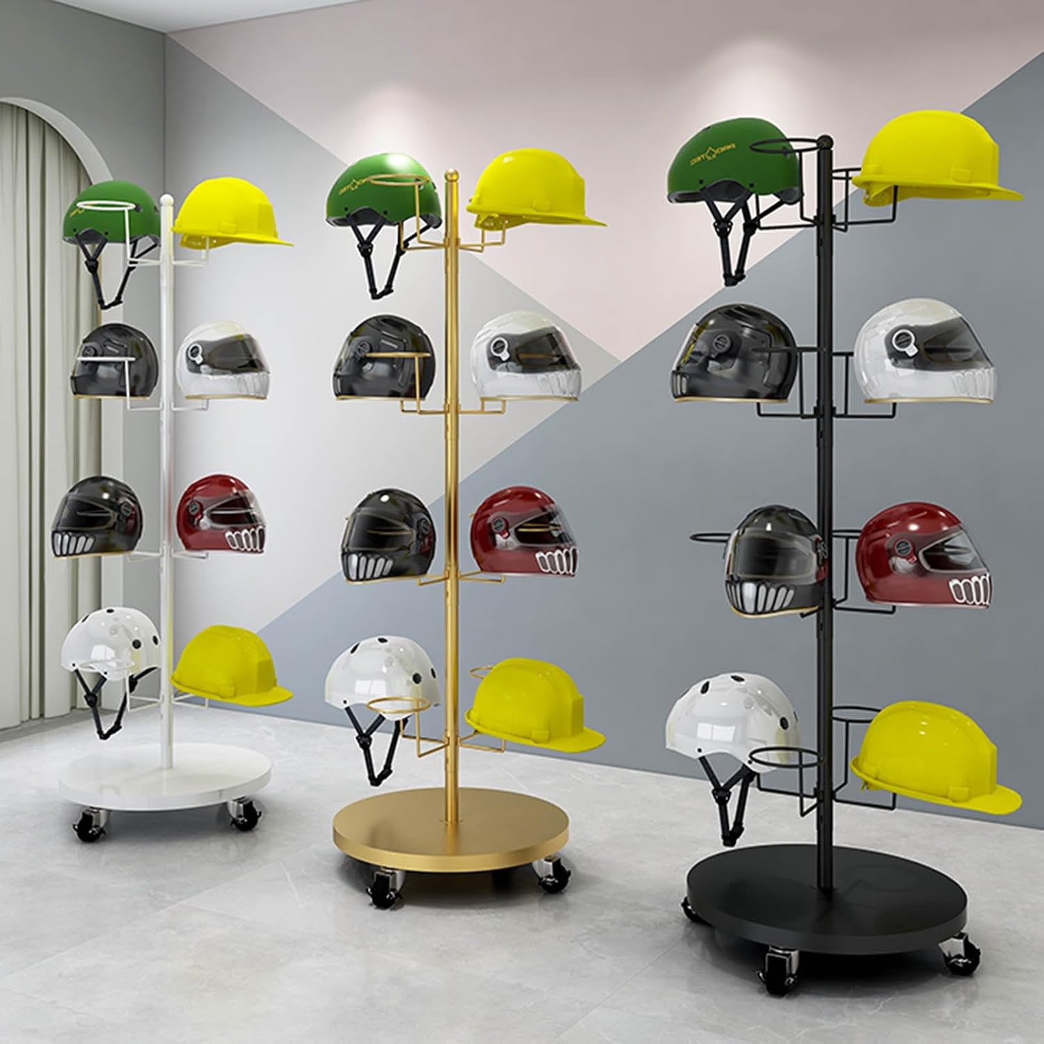 Hat Rack Helmet Stand Adjustable Swivel Hat Organizer Rack - Mobile Metal Hat Display Stand for Motorcycle Helmet, Commercial Floor Standing, Modern Baseball Cap and Fedora Hat Rack, Hard Hat Storage