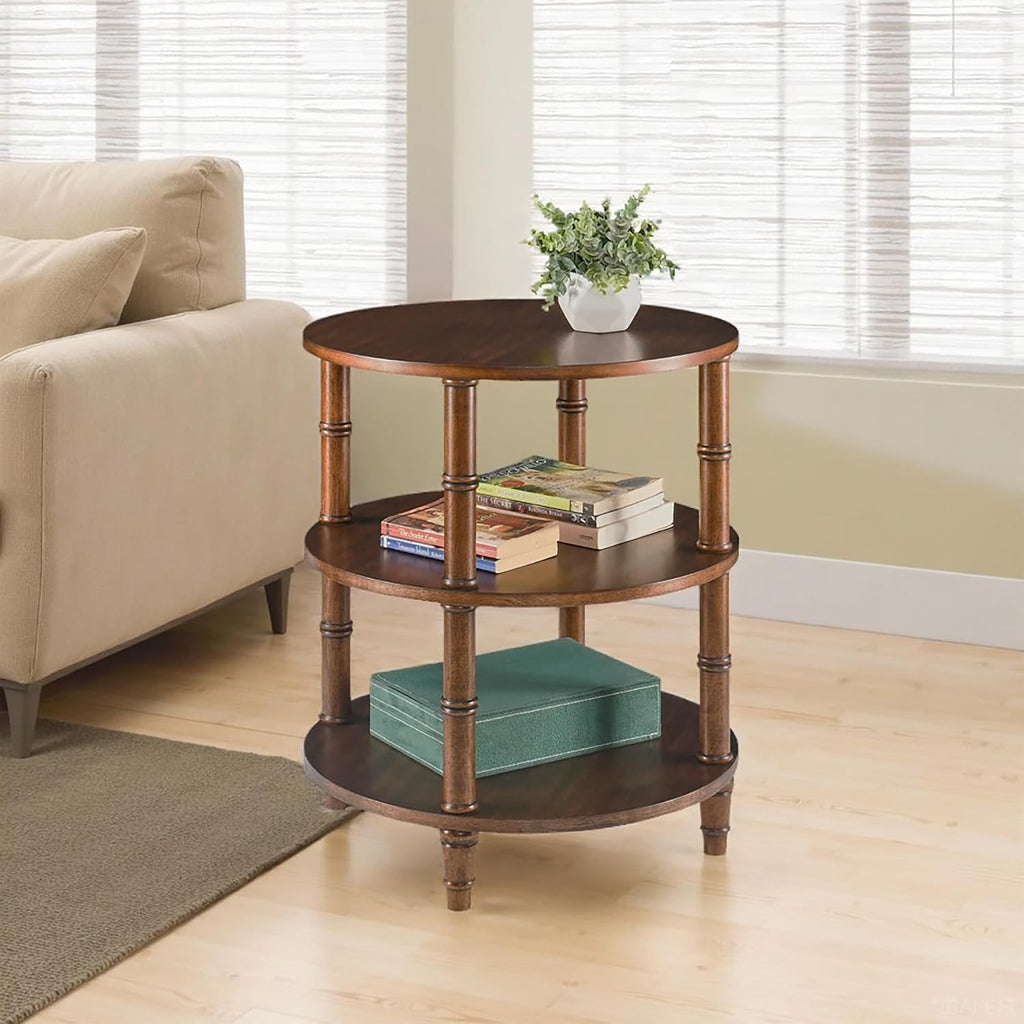 3-Tier Solid Wood Round End Table, Sofa Side Table with Open Storage Shelf Accent Corner Table with Wood Finish, Nightstand with Bamboo-Inspired Legs for Narrow Spaces, Dark Brown, 19.7'D x 23.6'H