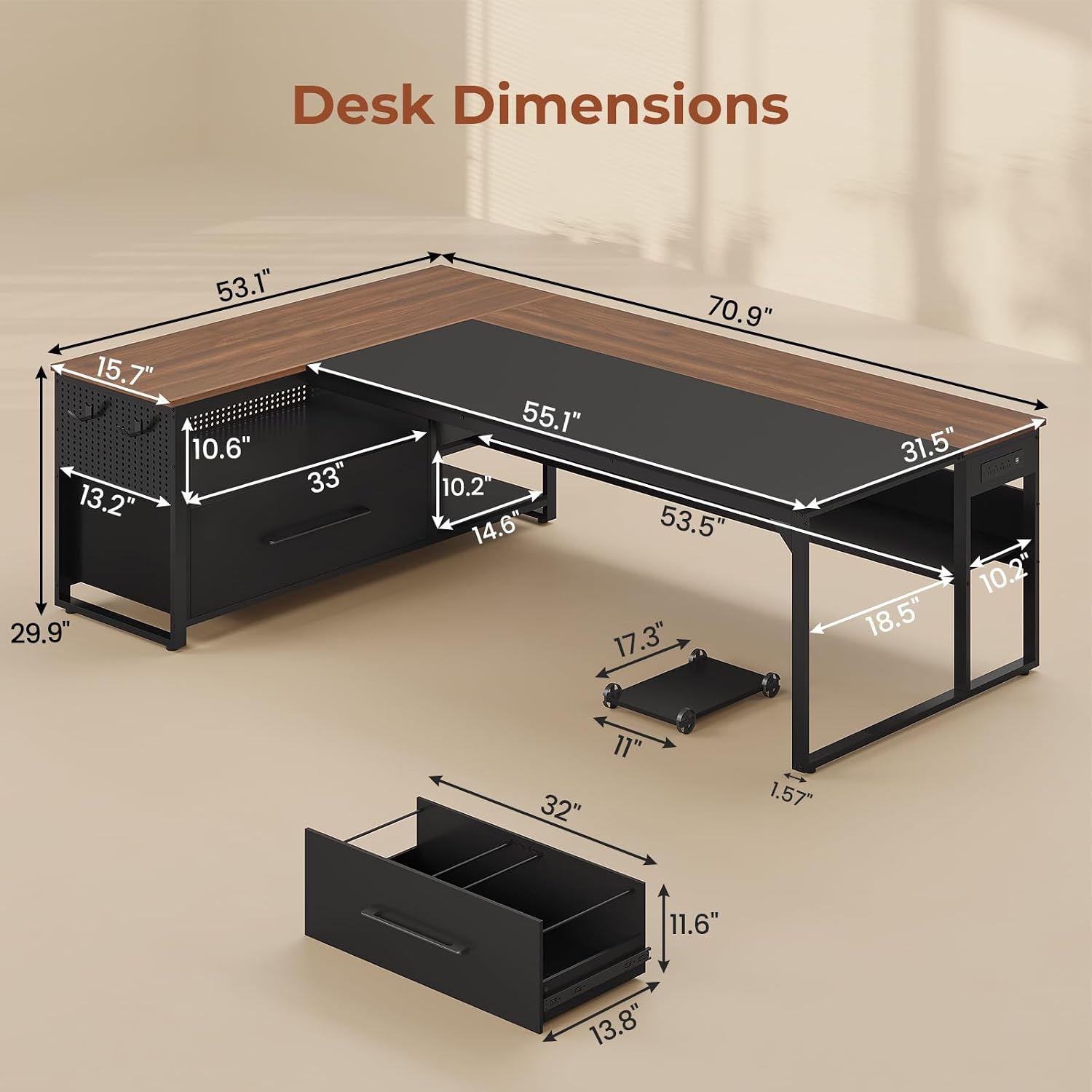71' Executive Desk, Large Office Desk with Widen File Drawers & Power Outlets, Reversible L Shaped Computer Desk Corner Desk with Storage Shelves, CPU Stand, Hooks, Business Furniture (Walnut)