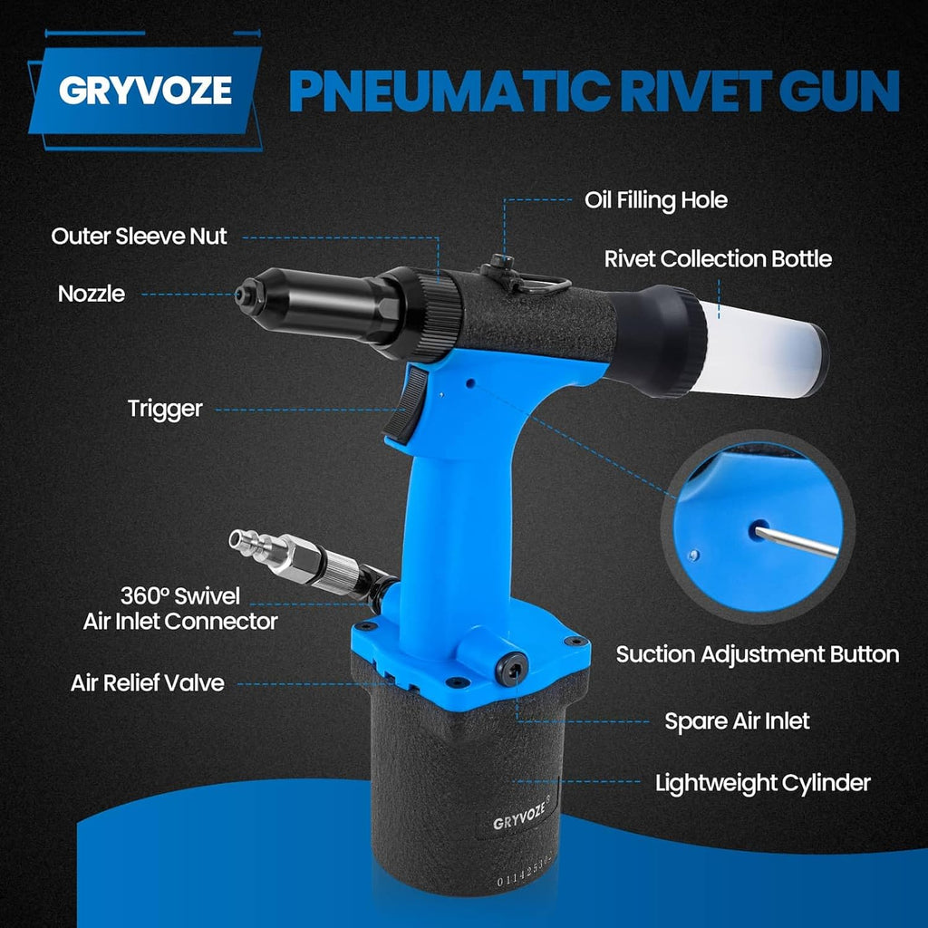 Pneumatic Rivet Gun Air Pop Riveter Tool Kit with 3/32', 1/8', 5/32', 3/16' Rivet Nozzles, Self-Suction Pneumatic Riveting Gun, Upgraded Air Riveter Hydraulic Pop Riveting Rivets Tool
