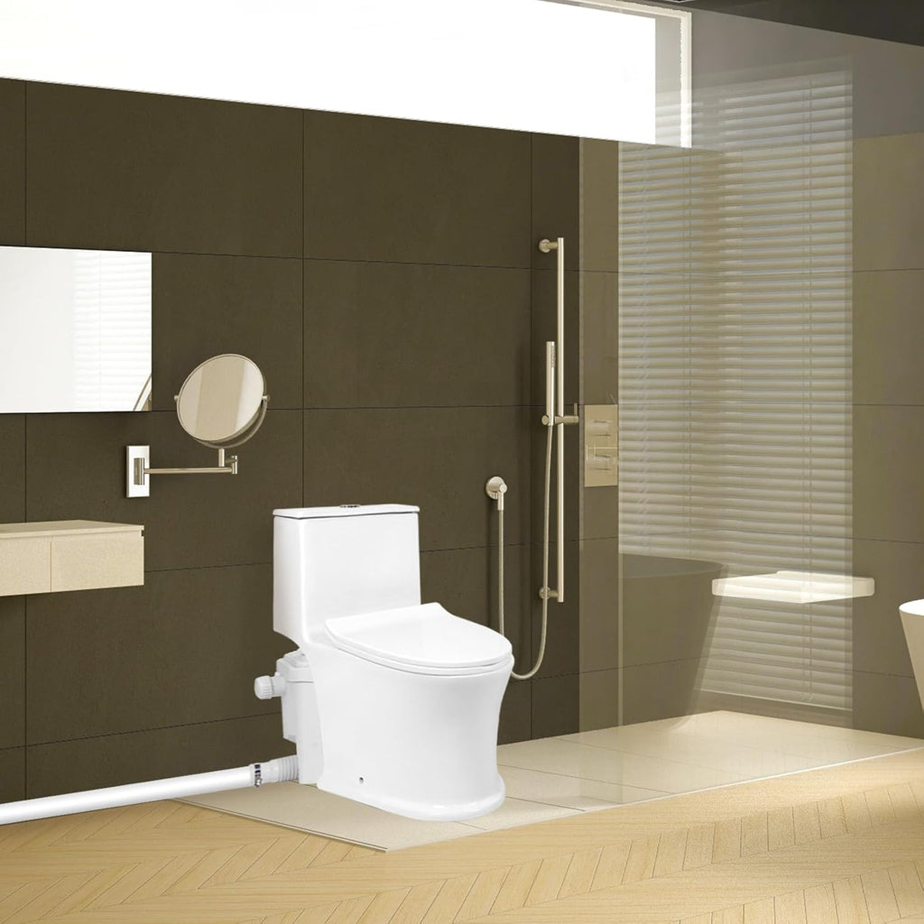 800Watt High Power Macerating Toilet with Pump for Basement, 36ft Vertical Upflush, 4 Inlets for Basin/Laundry/Shower, Dual-Flush Elongated Chair Height Toilet, Nano-glaze Finished