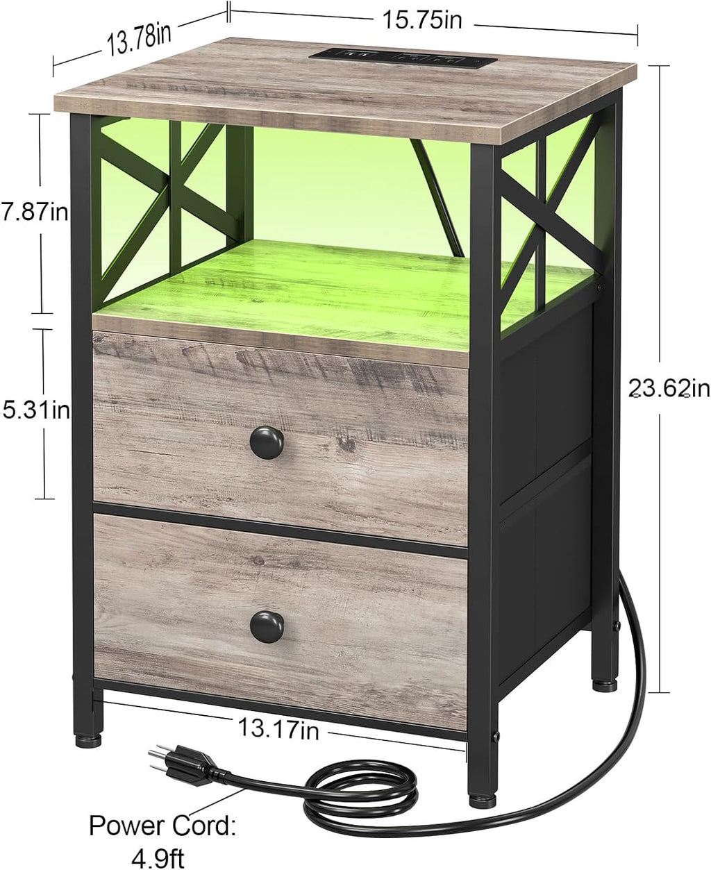 AMHANCIBLE Night Stand Set of 2 with Charging Station and LED Lights, Large 2-Drawer Bedside Tables with USB Ports and AC Outlets, Modern Nightstand for Bedroom, Grey, HET052LGY