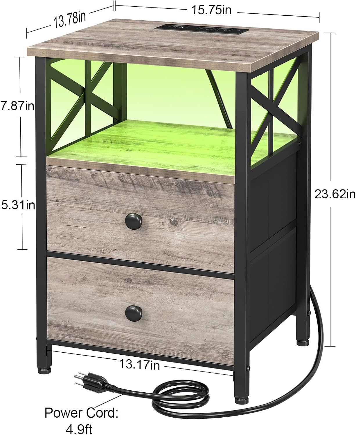AMHANCIBLE Night Stand Set of 2 with Charging Station and LED Lights, Large 2-Drawer Bedside Tables with USB Ports and AC Outlets, Modern Nightstand for Bedroom, Grey, HET052LGY