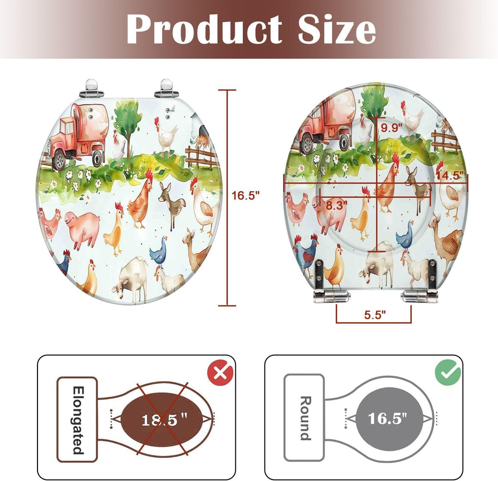 Round Toilet Seat Watercolor farm animals hen cow horse chicken red green blue for baby Resin Toilet Seat Slow Quiet Close with Quick-Release Hinges Toilet Seat with Cover Easy to Clean Install