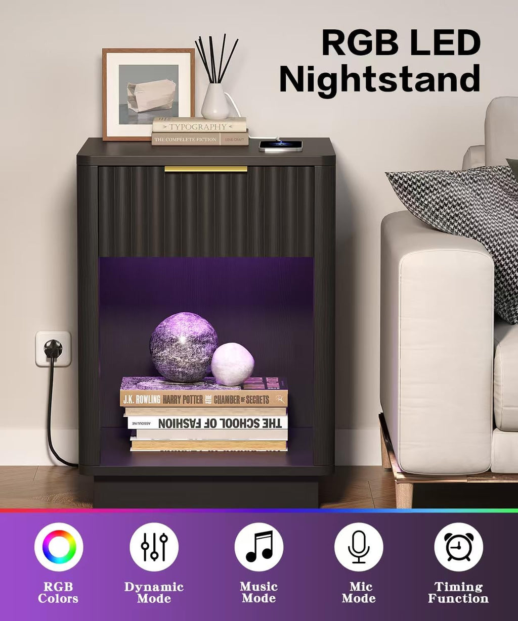 Akxomel Fluted Nightstands Set of 2, Wooden Night Stand with Charging Station and LED Light, Modern Mid Century End Table with Drawer, 15' D x 15.7' W x 22.6' H, for Bedroom, Black