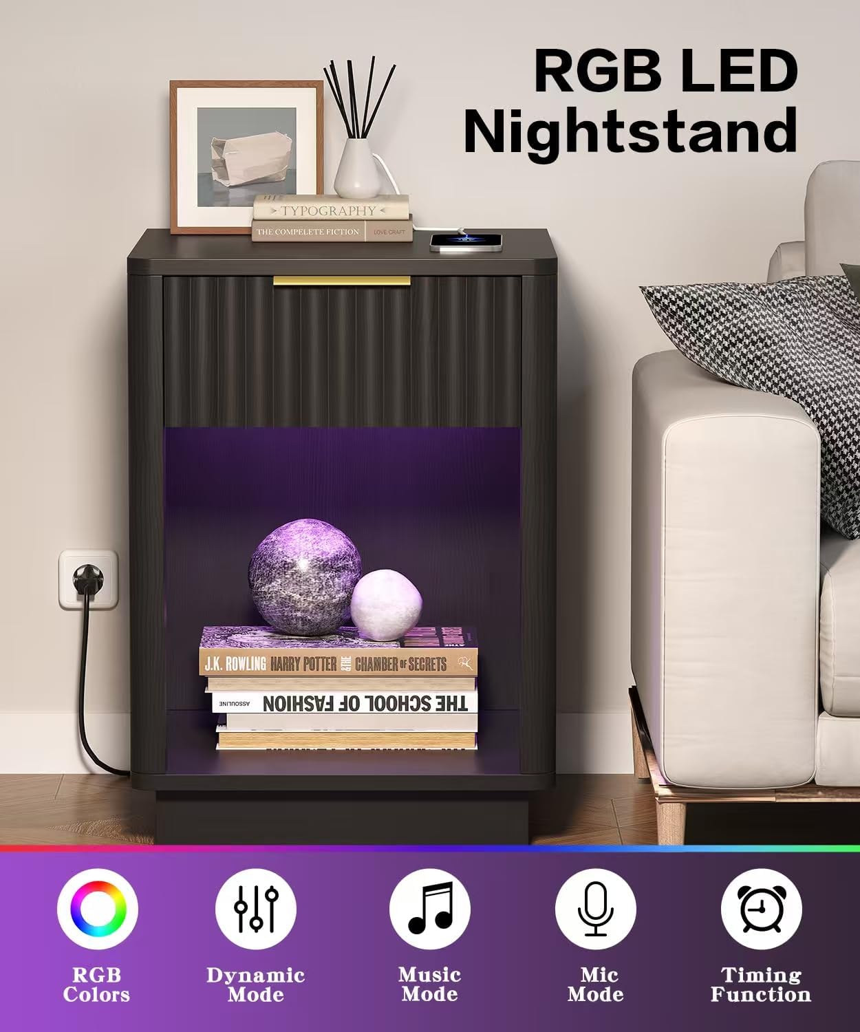 Akxomel Fluted Nightstands Set of 2, Wooden Night Stand with Charging Station and LED Light, Modern Mid Century End Table with Drawer, 15' D x 15.7' W x 22.6' H, for Bedroom, Black