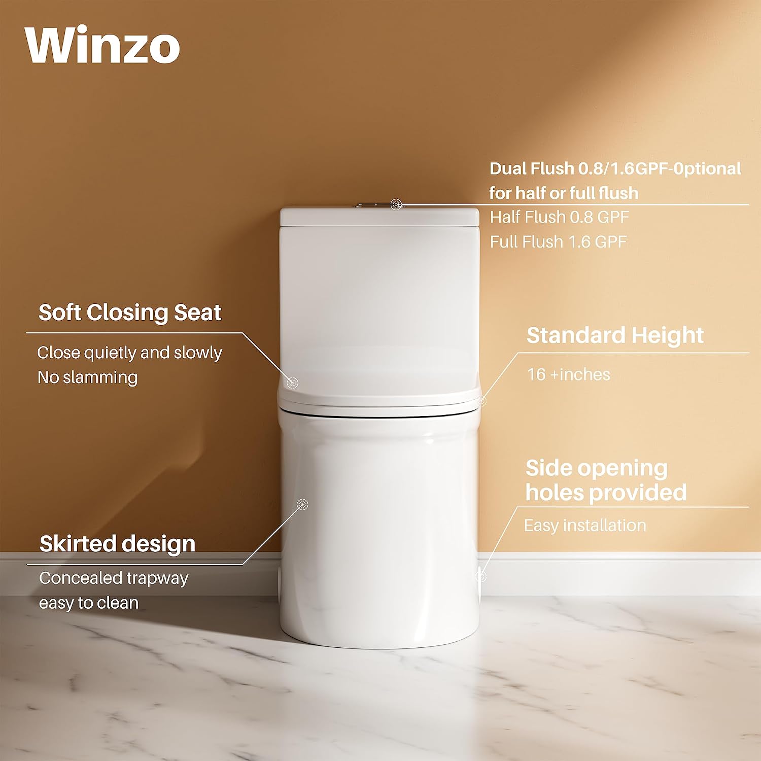 WinZo Compact One Piece Toilet 22.8' Depth Modern Short Design Dual Flush for Small Tiny Mini Bathroom 12' Rough-in,White (WZ5079)