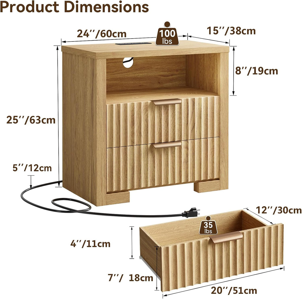 24' Fluted Night Stand Set of 2 with Charging Station, Wood Bedside Table with 2 Drawers and Open Shelf, Modern nightstand for Bedroom, Office, Natural Oak