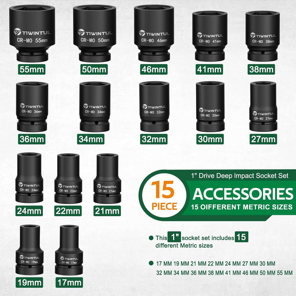 1-Inch Drive Deep Impact Socket Set,15 Pcs, Metric,CR-MO,17/19/21/22/24/27/30/32/34/36/38/41/46/50/55mm Heavy Duty Large Sockets for Truck, Excavator & Industrial Use, with Metal Case