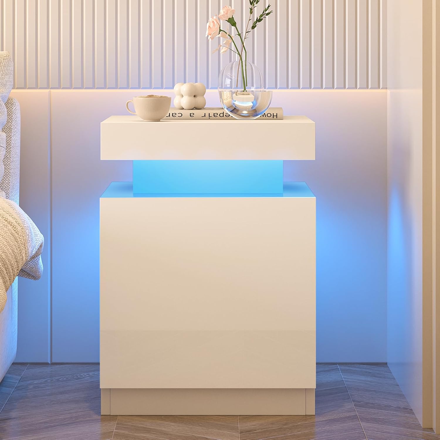 Nightstands Set 2, 17 Inches Modern Bedside Table with LED Lights, LED Night Stand Set of 2, High Gloss Surface, Side Table with Storage for Bedroom, White