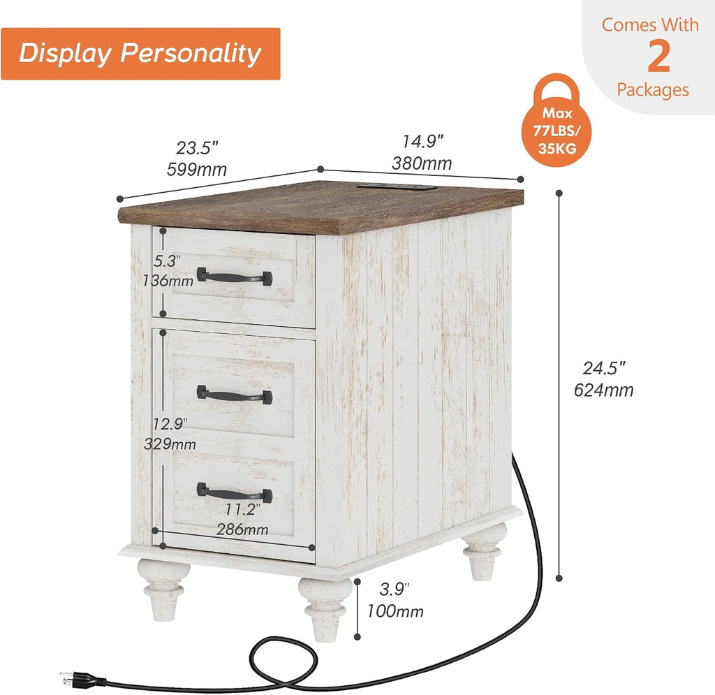 WAMPAT Set of 2 End Tables with Charging Station, Antique White Side Table with Storage Cabinet & Drawer, Wooden Nightstands with Power Outlets & Type-C USB Port for Bedroom