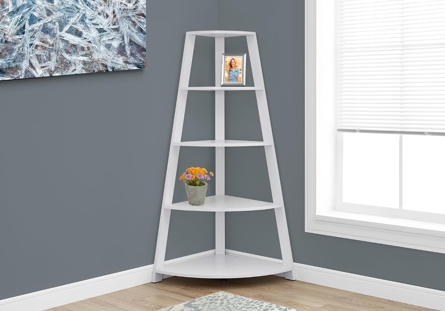 Corner Bookshelf 4-Tier, White Laminate, 60 in H | Particle board, 4 fixed shelves, corner bookshelf, white finish, living room or home office