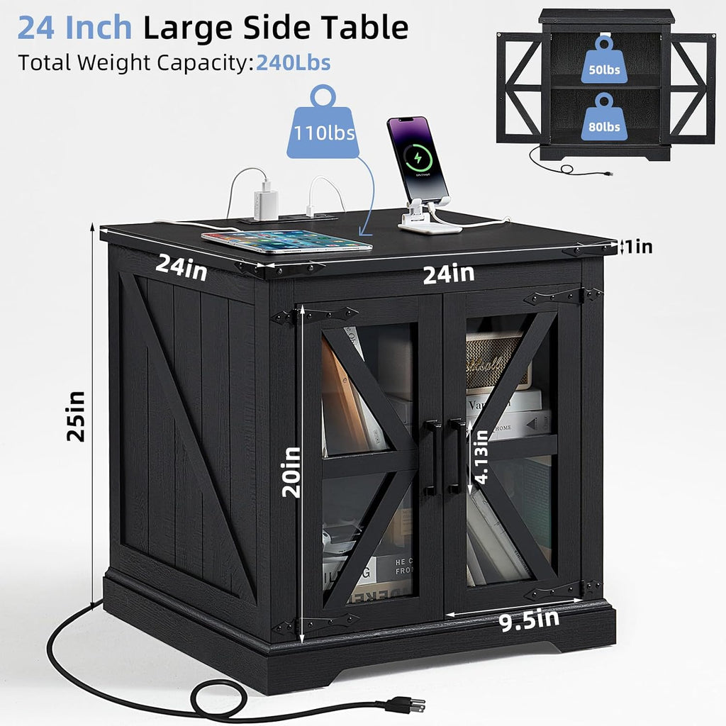 Joaxswe 24' End Table with Charging Station, Farmhouse Night Stand with Glass Barn Door, Black Nightstands with Adjustable Storage Shelf, Large Wood Square Bed Side Table for Living Room,Bedroom