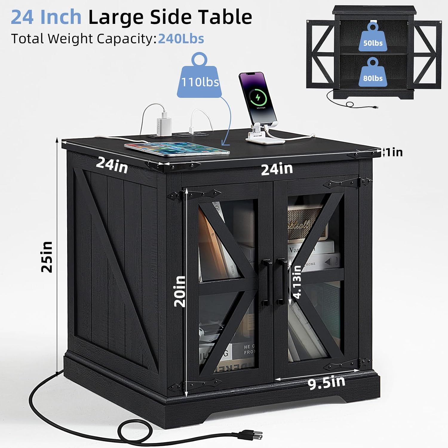 Joaxswe 24' End Table with Charging Station, Farmhouse Night Stand with Glass Barn Door, Black Nightstands with Adjustable Storage Shelf, Large Wood Square Bed Side Table for Living Room,Bedroom