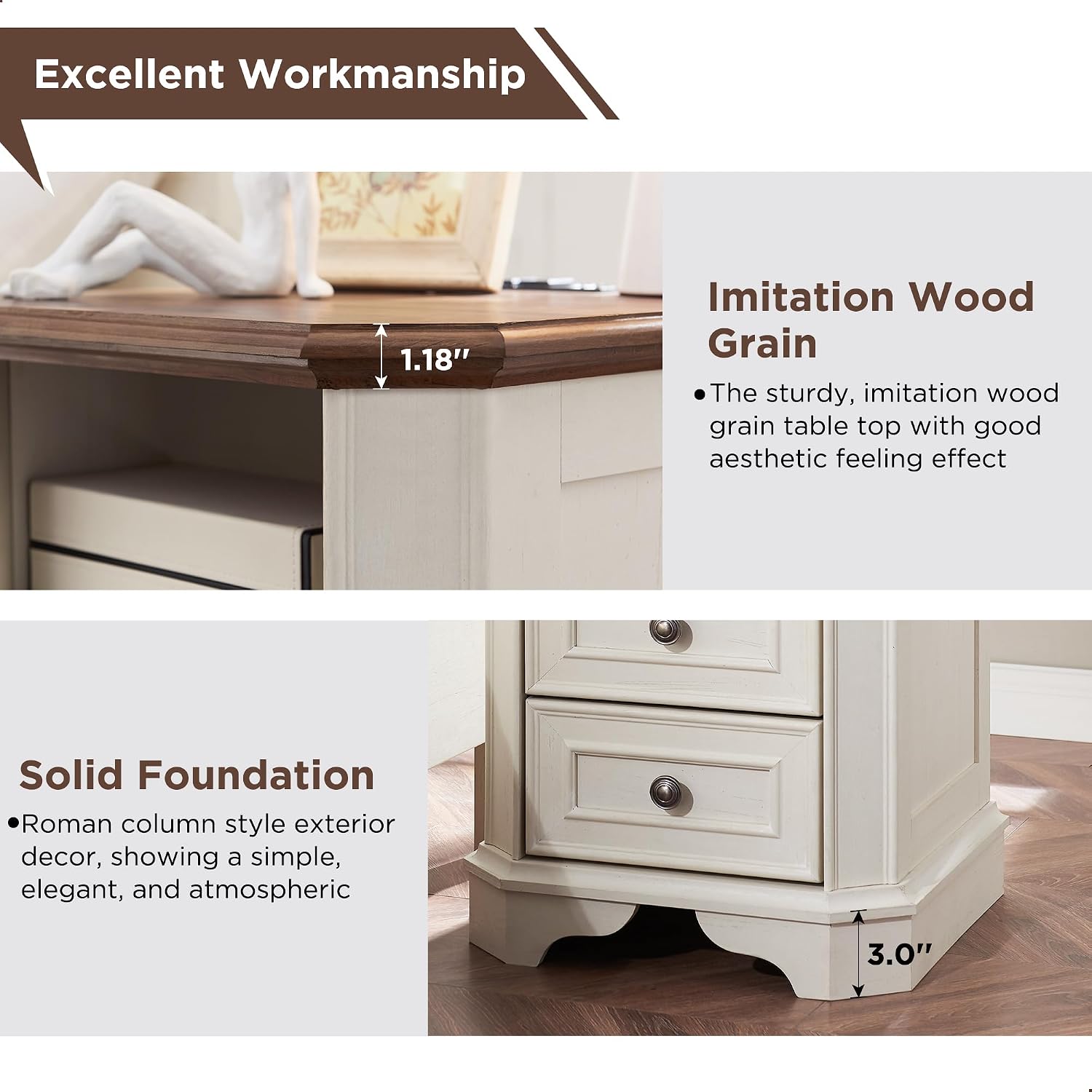 T4TREAM Farmhouse Nightstand with Charging Station, 18' End Table with 2 Drawers, Wood Side Table, Bedside Cabinet for Bedroom, Living Room (Antique White)