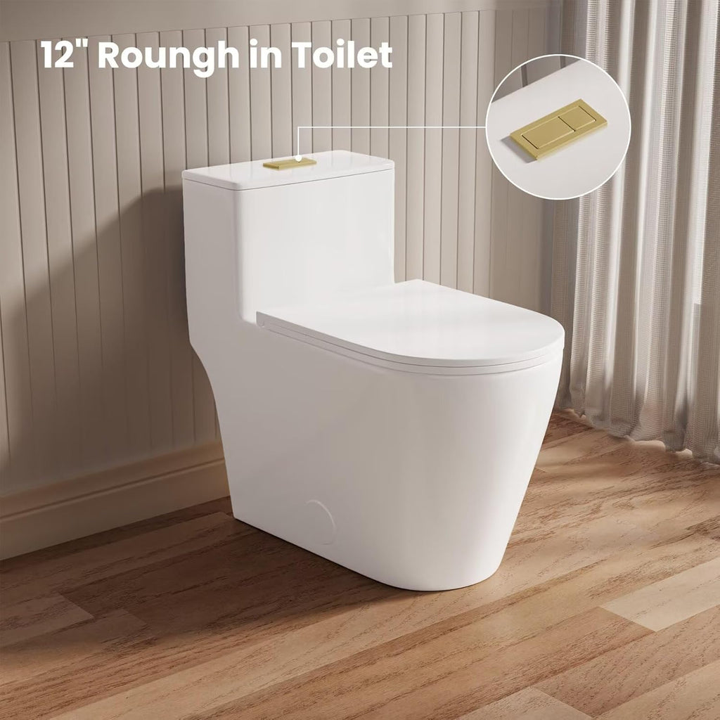 Casta Diva Elongated One Piece Toilet with 17' ADA Comfort Chair Height Seat Compact Toilet for Bathroom Dual Flush 1.1/1.6GPF, 12'' Rough-in, Dual Flush Toilet Button Golden