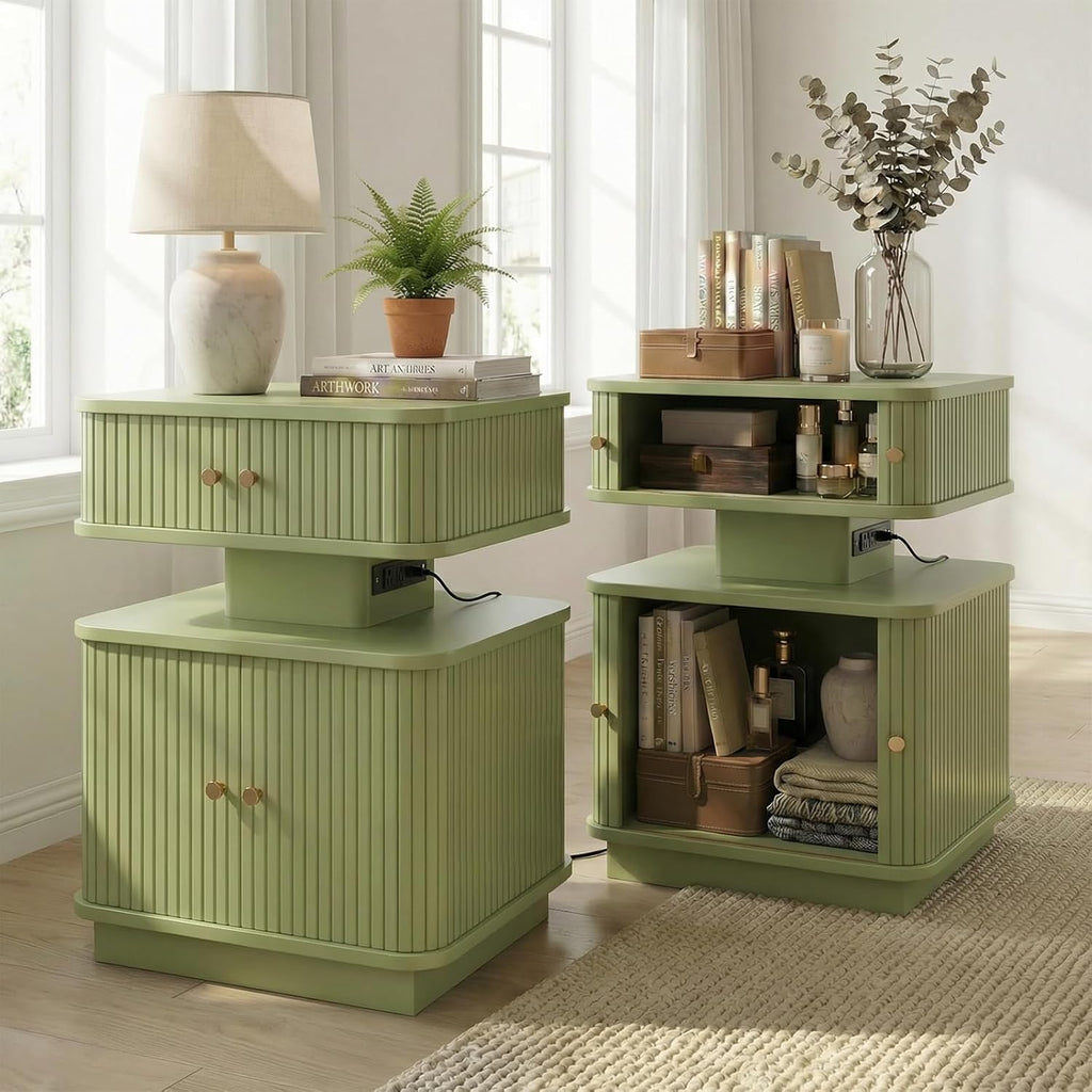 Set of 2 LED Light End Table with Charging Station, Green Mid Century Bedside Table with USB Type A C Ports, Small Fluted Accent TV Control Nightstand with Sliding Door for Living Room, Curvy Edge