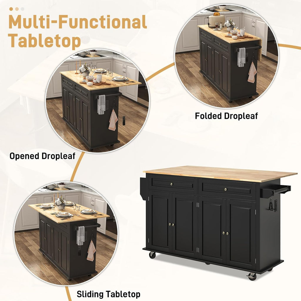 Hlivelood 55' Movable Kitchen Island with Drop Leaf and Power Outlet, Rolling Cart with Storage Cabinet, Island Table on Wheels for Kitchen with 2 Drawers, Spice Rack, Towel Bar, Garage Hook, Black