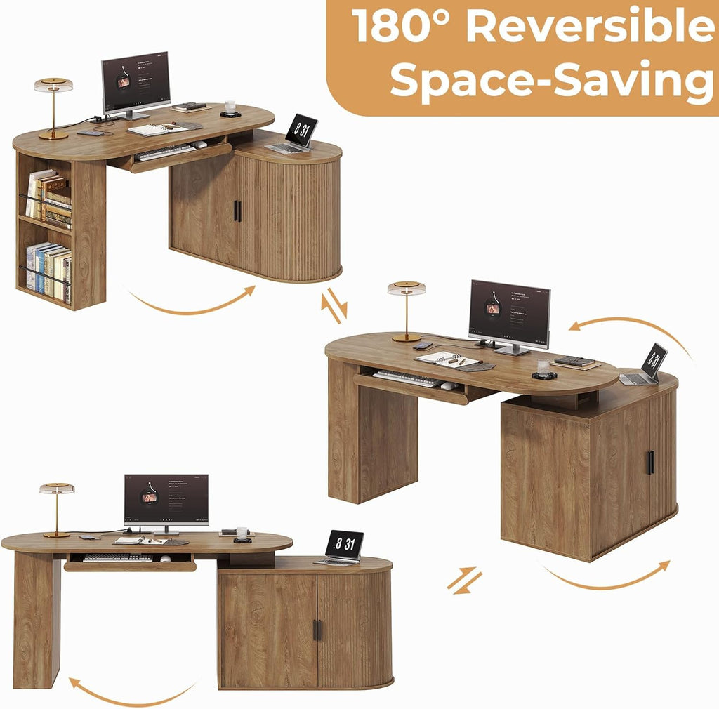 HSH L Shaped Computer Desk with Storage Cabinet, Reversible Office L Desk with Keyboard Tray and Open Shelves, Home Office Corner Executive Desk with Power Outlet, Annual Ring Wood, 60 Inch