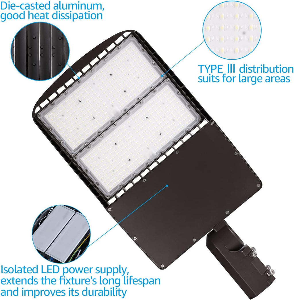 LEONLITE 300W LED Parking Lot Light, 1-10V Dimmable, Adjustable Arm Mount, 42,000lm UL & DLC Listed, Shoebox Pole Light with Photocell, 100-277V, Commercial Street Lighting, IP65, 5000K Daylight