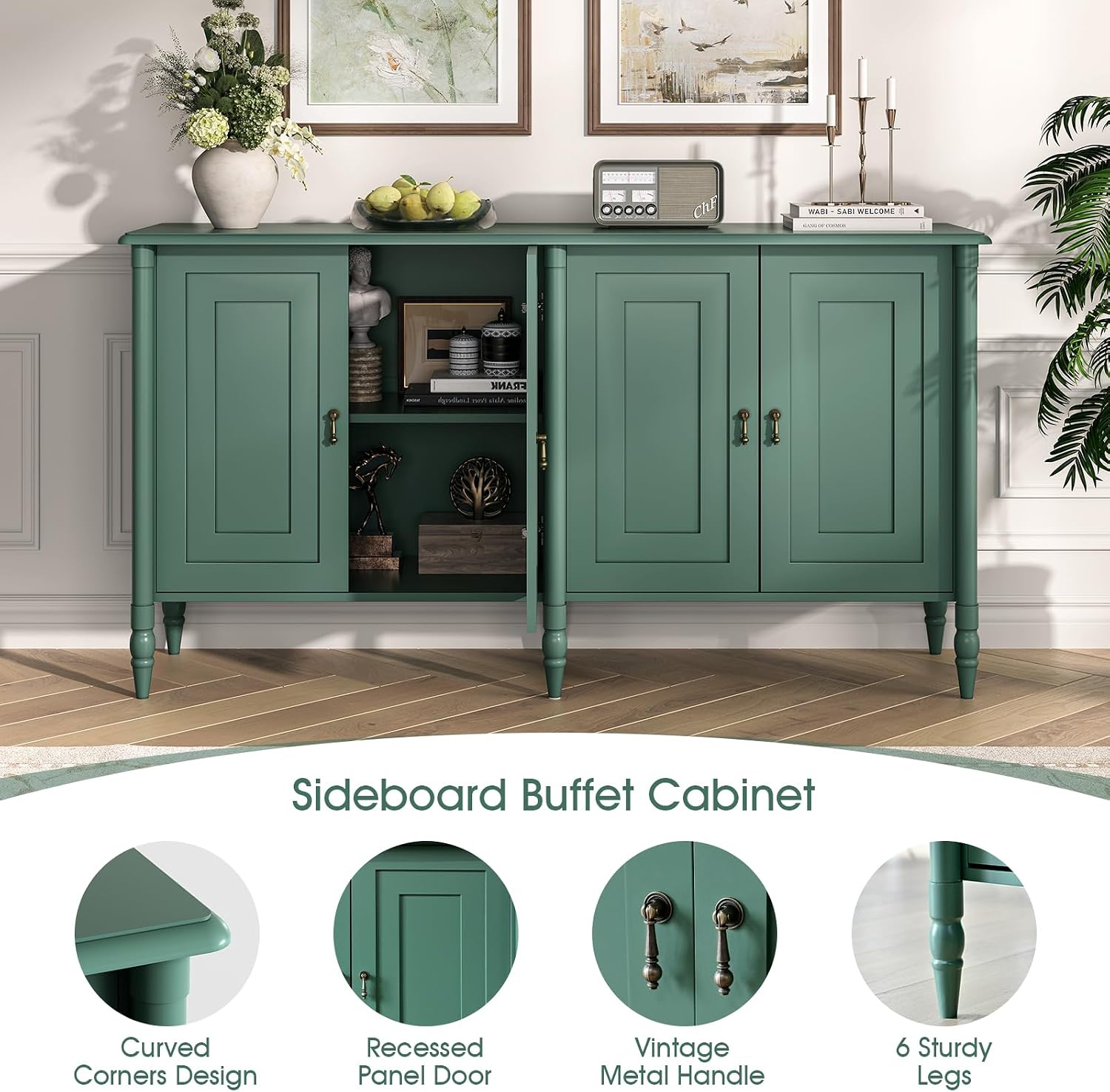 JOINICE Buffet Cabinet with Storage,Credenza Coffee Bar for Kitchen,Buffet Storage Cabinet with 4 Doors,59' Vintage Sideboard,Green