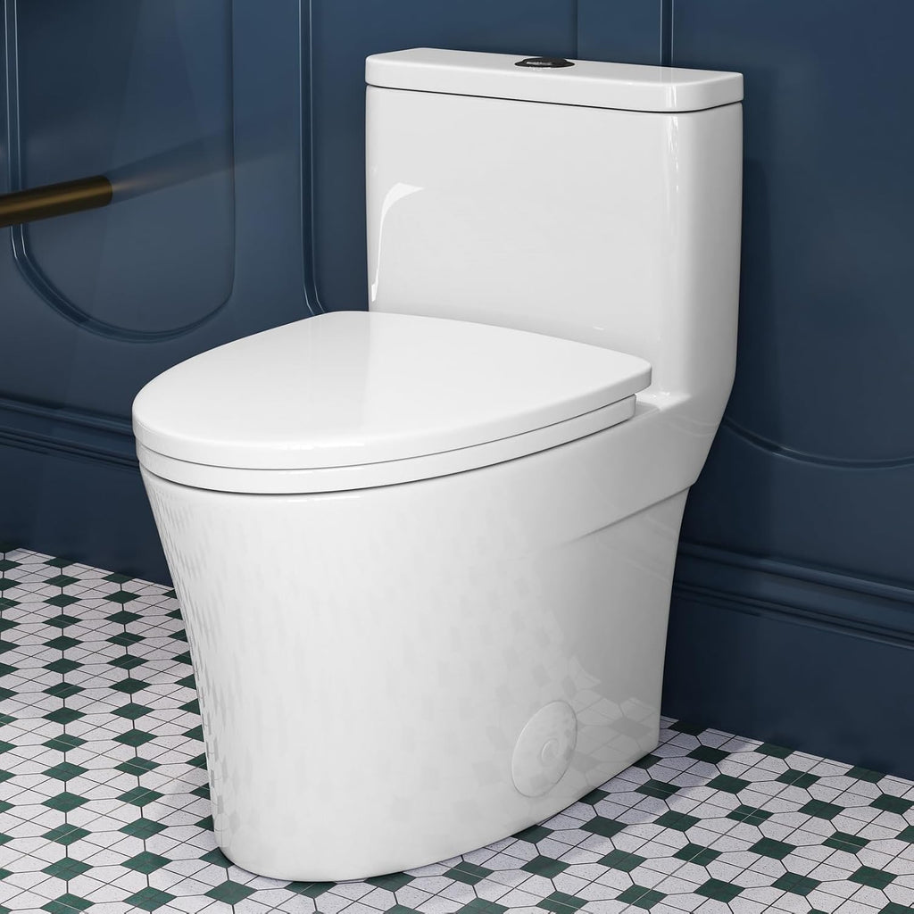 HOROW T0307W Elongated One Piece Toilet, Small Compact with Soft Close Seat, 1.1/1.6 GPF Powerful Dual Flush Toilet for Small Bathroom, 12' Rough-In Standard Toilet Bowl, White Modern Toilet