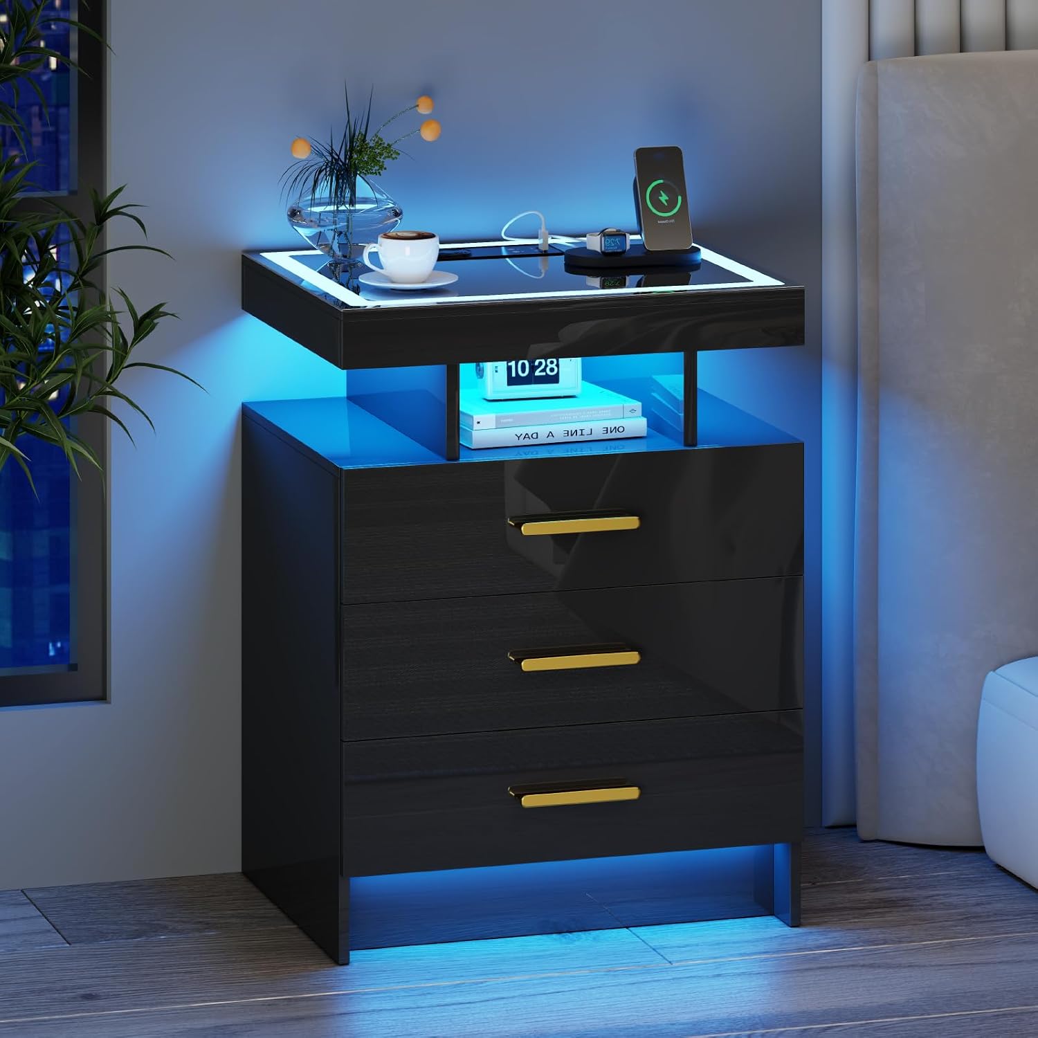 Black Night Stand Set 2 with Wireless Charging Station,Smart Bedside Table with 3 Drawers,Modern Glass Top End Side Table with 3 Color Dimmable,LED Nightstand for Bedroom