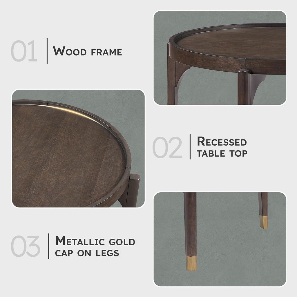 Lexicon Round Wood Coffee Table with Gold Metal Cap, 36' Dia. Mid Century Modern Round Birch Wood Veneer Accent Table for Contemporary Living Room, Easy Assembly, Dark Brown