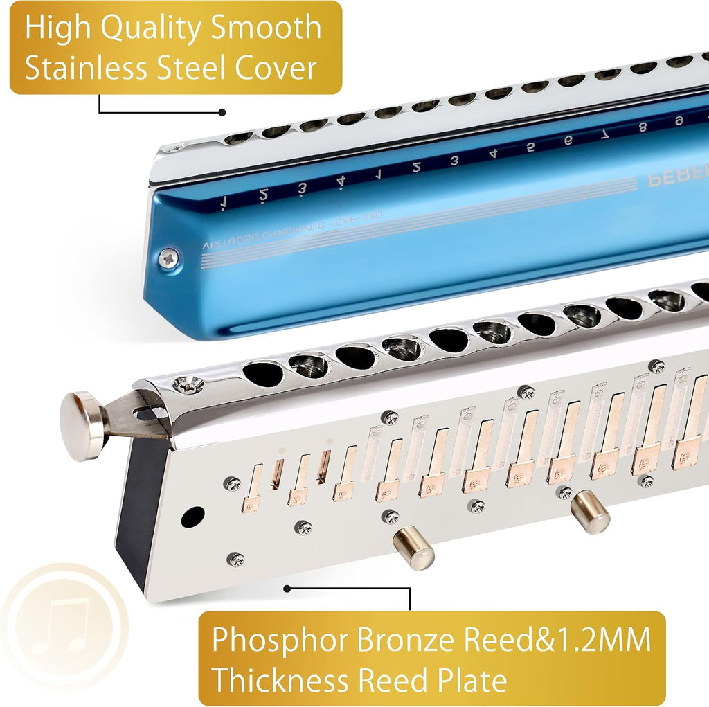 East top Chromatic Harmonica 16 Hole 64 Tone Key of C, Professional Advanced Mouth Organ For Adults, Students and Harmonica-Lovers with Blue Cover (EAP-16)