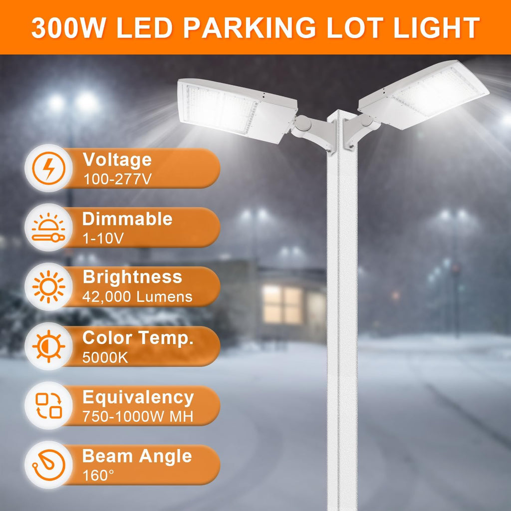 300W White LED Parking Lot Light, 42000LM LED Shoebox Area Light [1000W MH/HPS Equiv.], 5000K Dimmable Outdoor Street Lighting Fixture with Surge Protection Built-in, IP65 AC100-277V