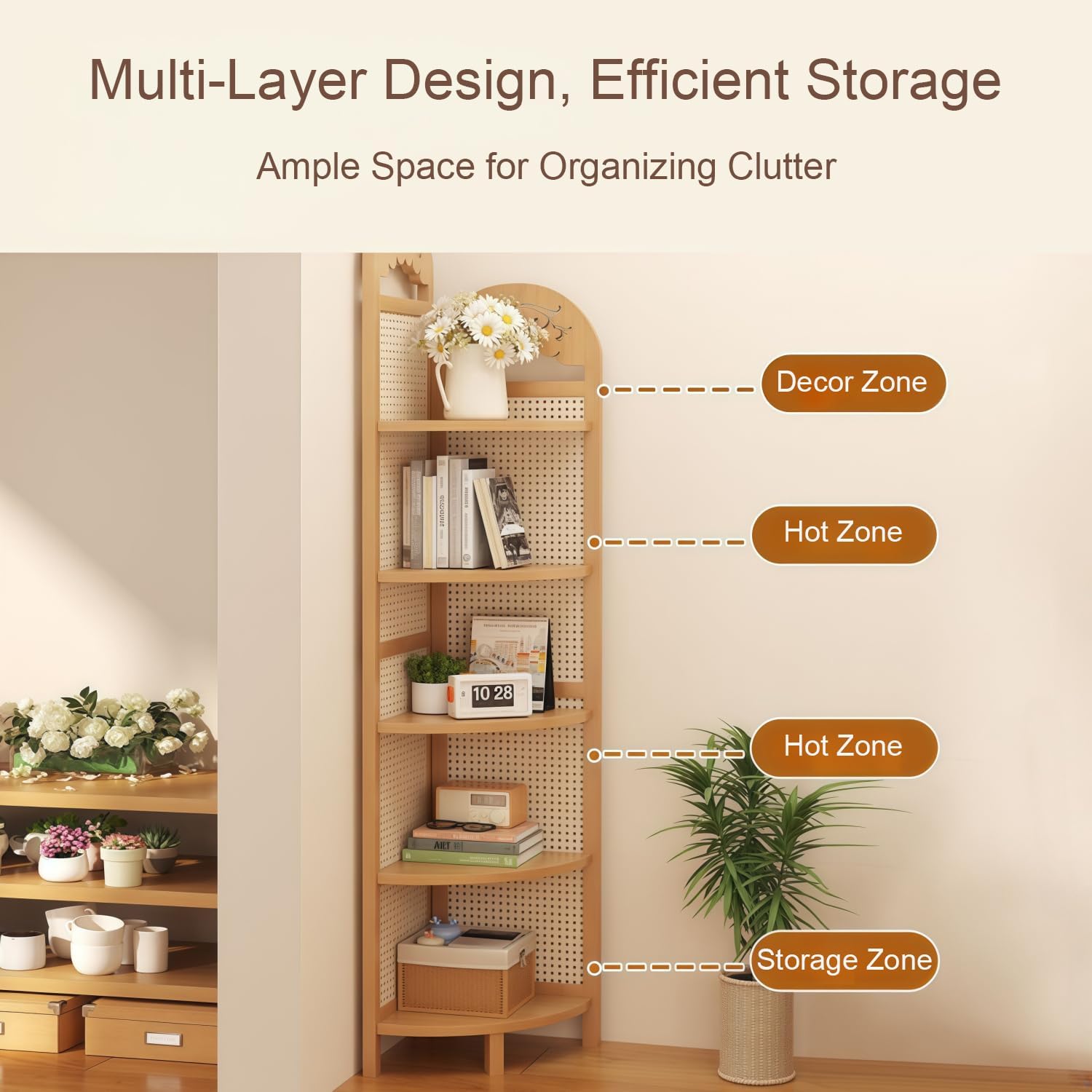 Carved Corner Shelf Multi-Layer Large-Capacity Corner Rack & Plant Stand for Living Room Study Bedroom Dining Balcony (Burlywood,12.9' L*12.9' W*66.7' H)
