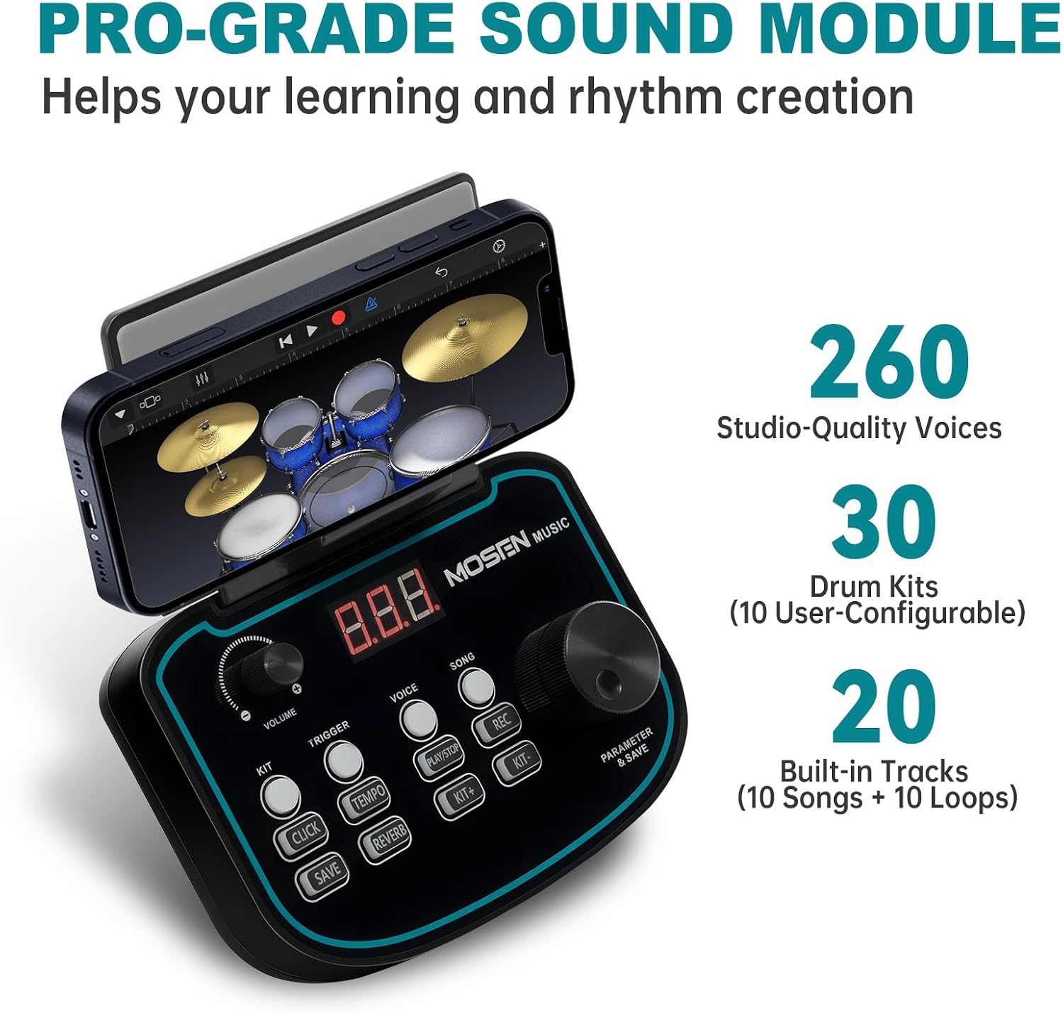MOSEN MED-X5 Electric Drum Set Mesh Drum Pads, Phone Holder, Sticks, Adjustable cymbals, Kick drum, Headphones, USB MIDI, 260+ Sounds and 30 Drum Kits for Beginner