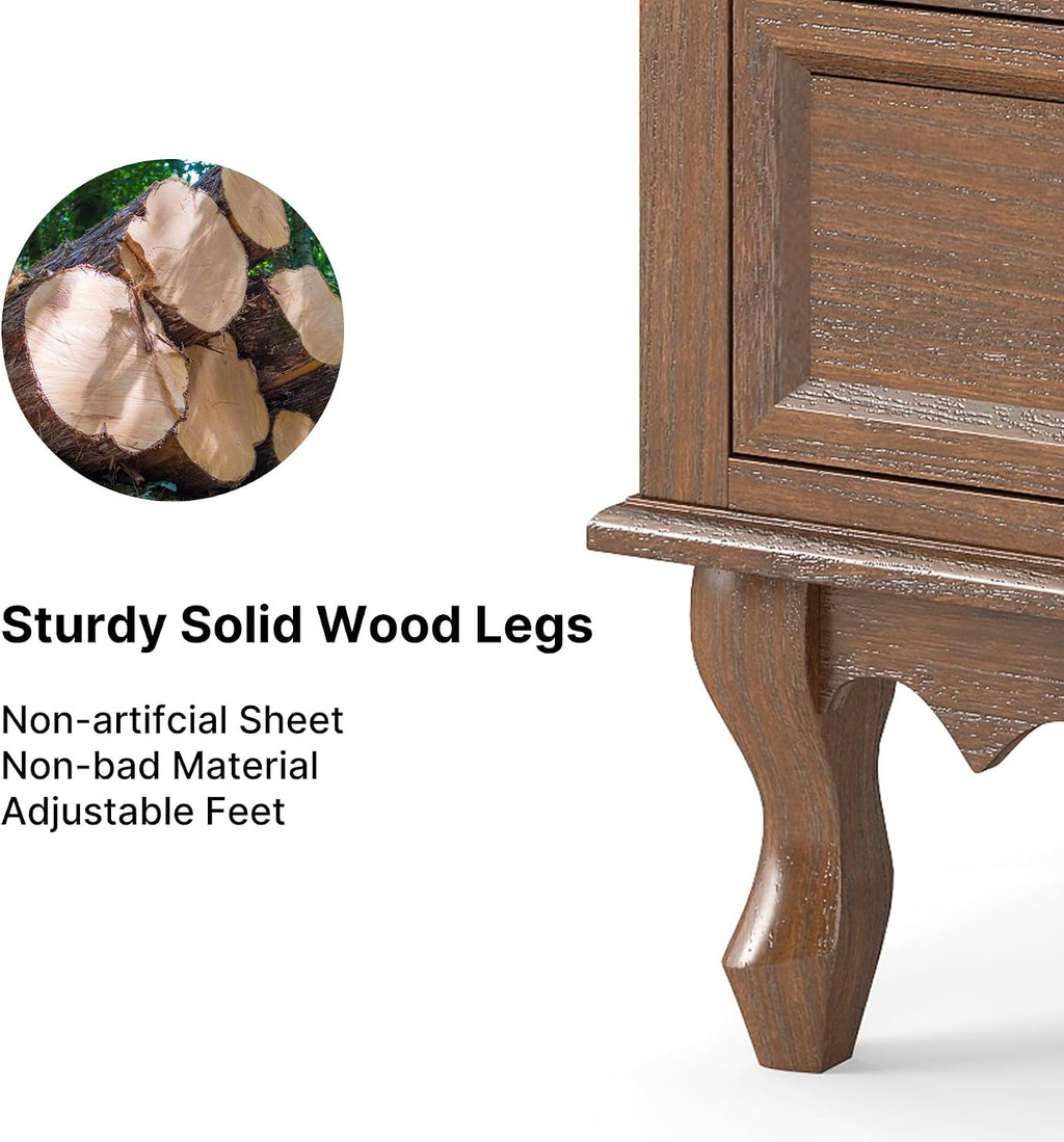 Solid Wood Nightstands Set of 2, Fully Assembled Night Stand with 2 Drawer & Open Shelf Storage, Bedside Table with Charging Station, Mid-Century Modern End Table for Bedroom, Walnut
