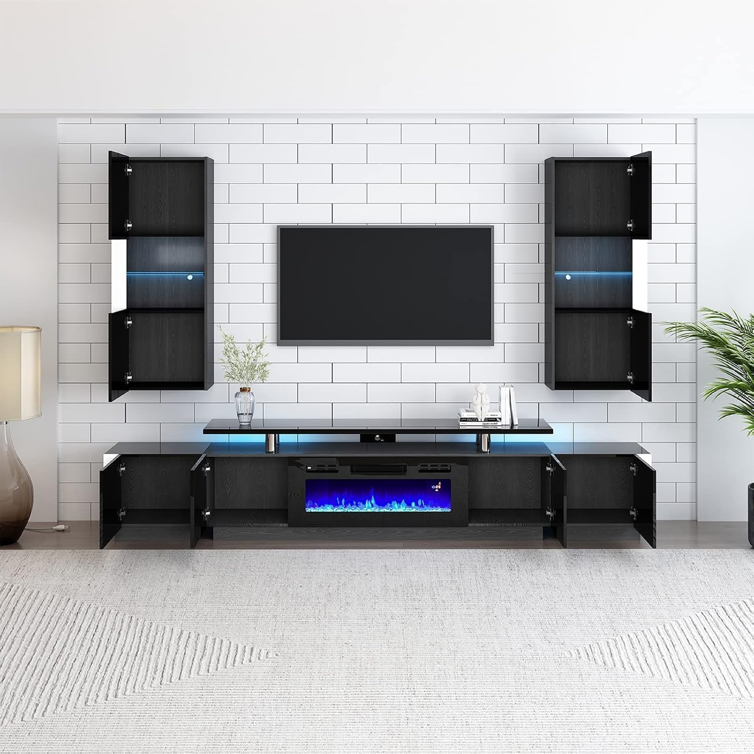 AMERLIFE 2PCS Entertainment Center Side Table Set with Storage, Modern High Gloss End Tables with 2 Cabinet Doors, for Living Room/Bedroom/Office, Black