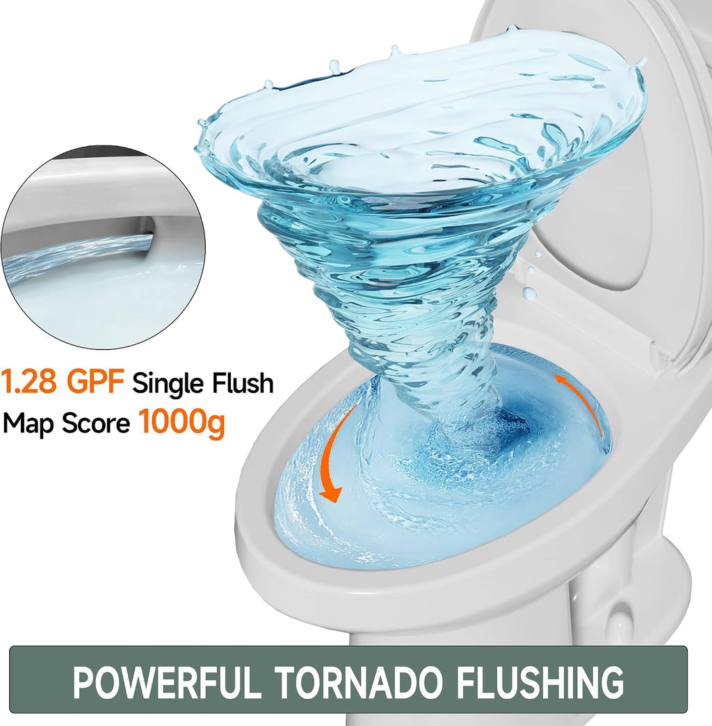 17 Inch Compact Tall Toilet ADA Height Seat 17.5', Single Flush 1.28 GPF, Left-Hand Trip Lever, Powerful Tornado Flush Two Piece, 12' Rough-in for Bathroom, Comfort Bowl Heigh 16.75', White