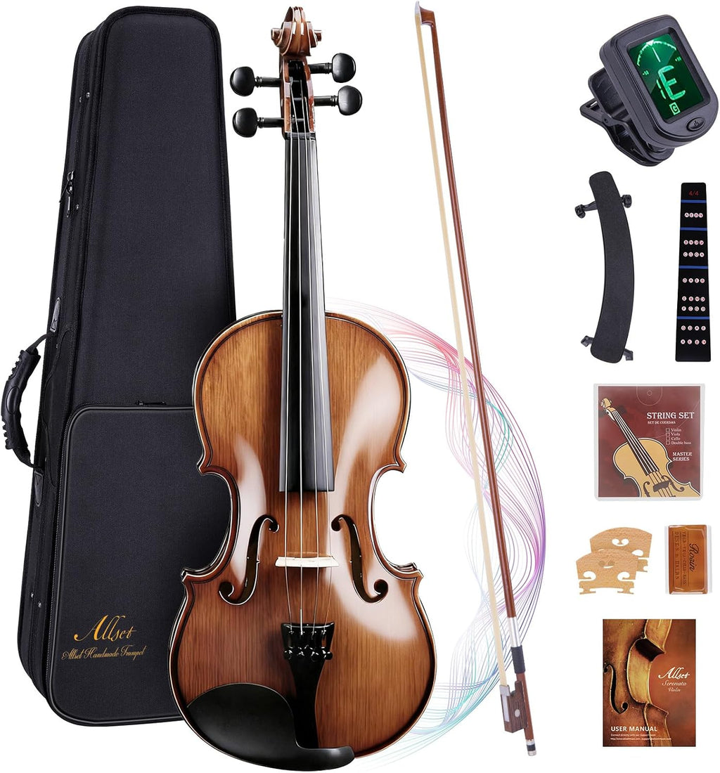 ALLSET 1/2 Full Size Acoustic Violin Kit for Beginners | Polywood Handmade Violin with Hard Case, Bow, Rosin, Shoulder Rest, Tuner & Extra Strings | Violin for adults | Glossy Brown