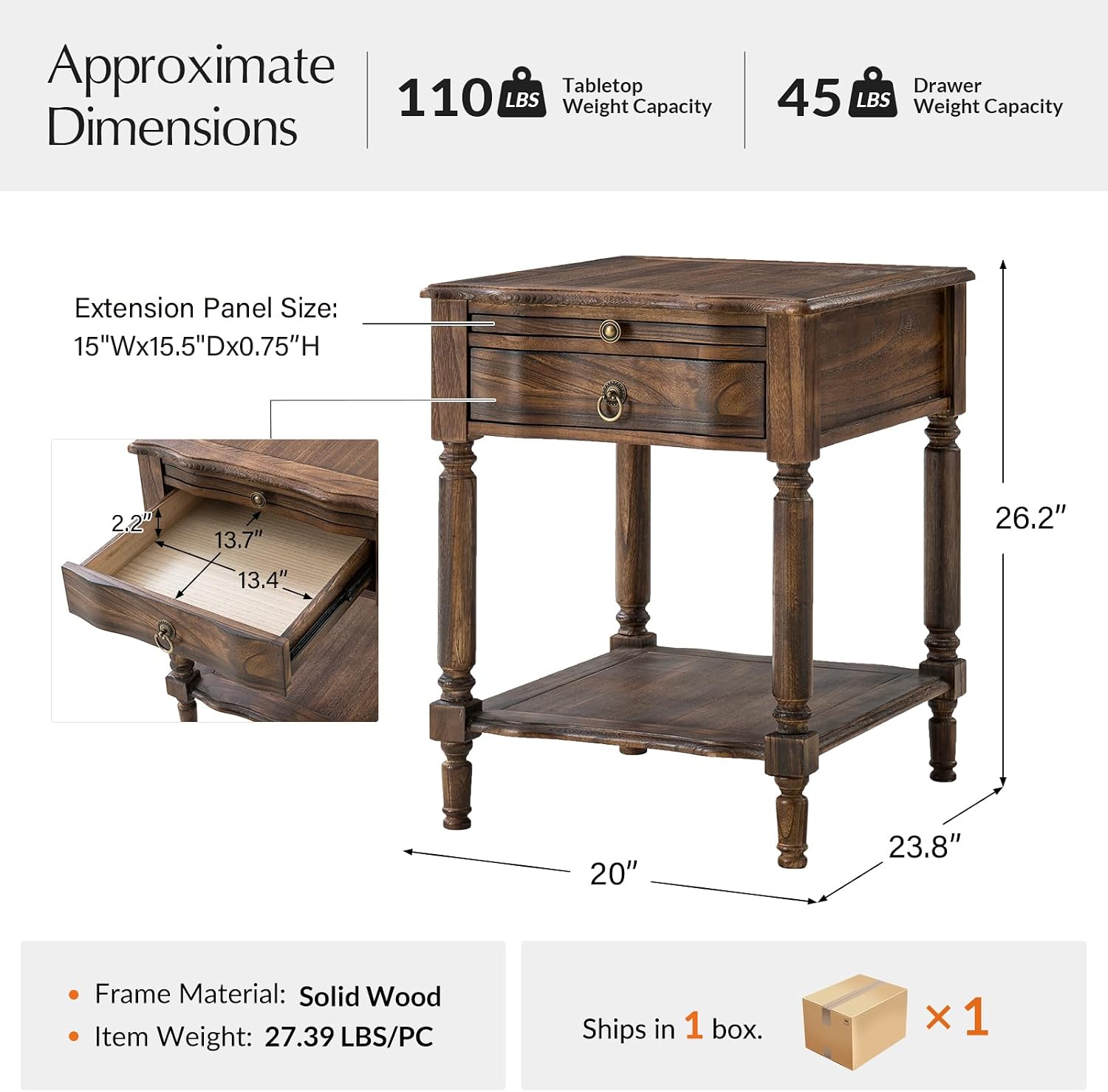HULALA HOME Small End Table with Charging Station, Solid Wood Side Table with a Drawer & Open Shelf, Vintage Finish, Spindle Legs(Walnut)
