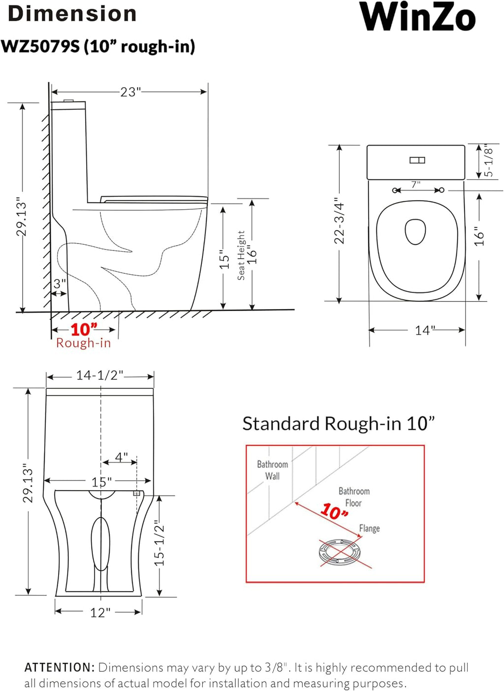WinZo WZ5079S Modern Compact Round One Piece Toilet 10' Rough-in High Efficiency Dual Flush for Small Bathroom