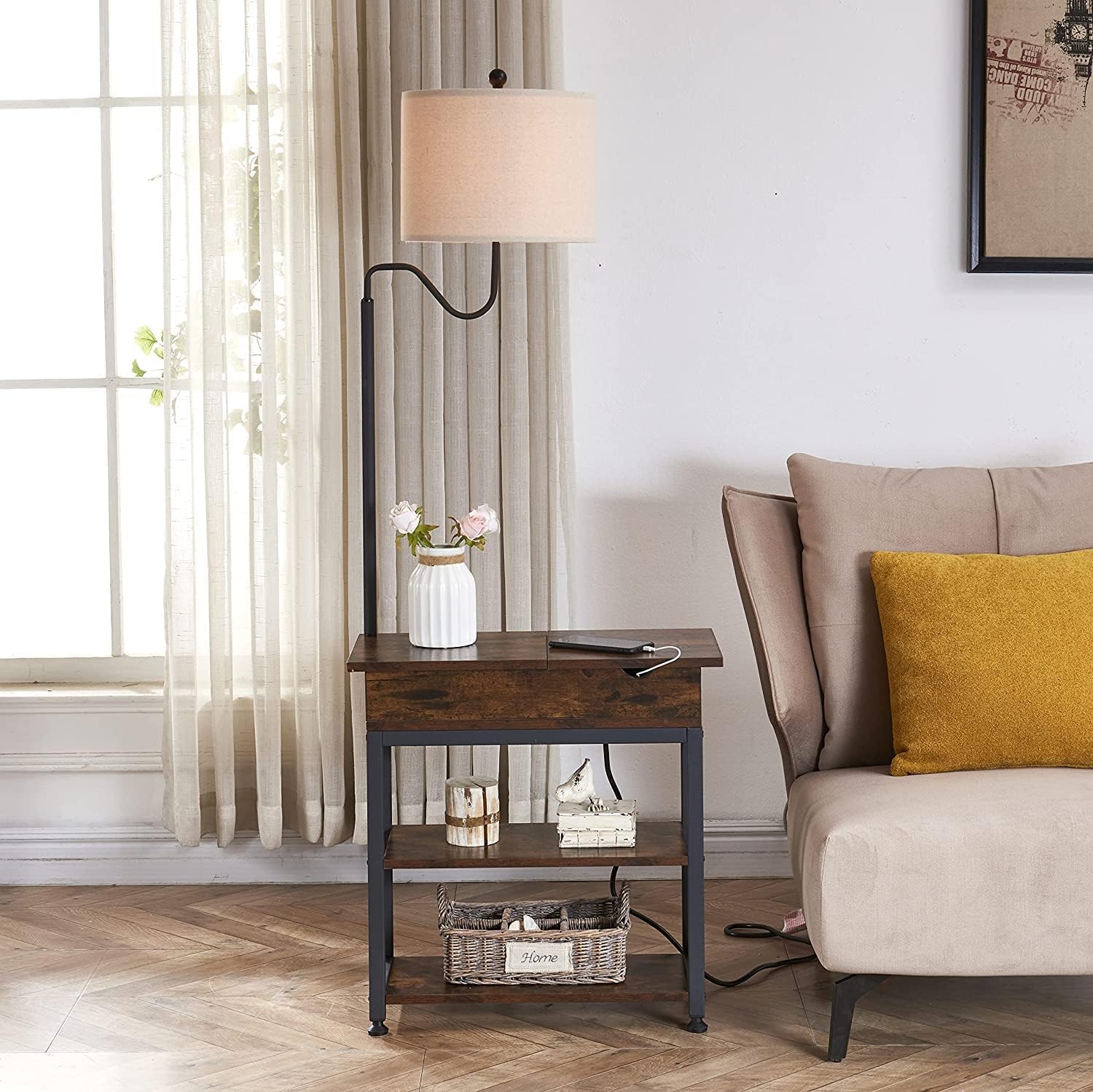 Dungoo Floor Lamp with Table, Narrow End Table with Lamp, Bedside Nightstand with USB & Type-C Ports and 2 Outlets, Rustic Side Table with Storage Shelf, End Table with Lamp for Living Room