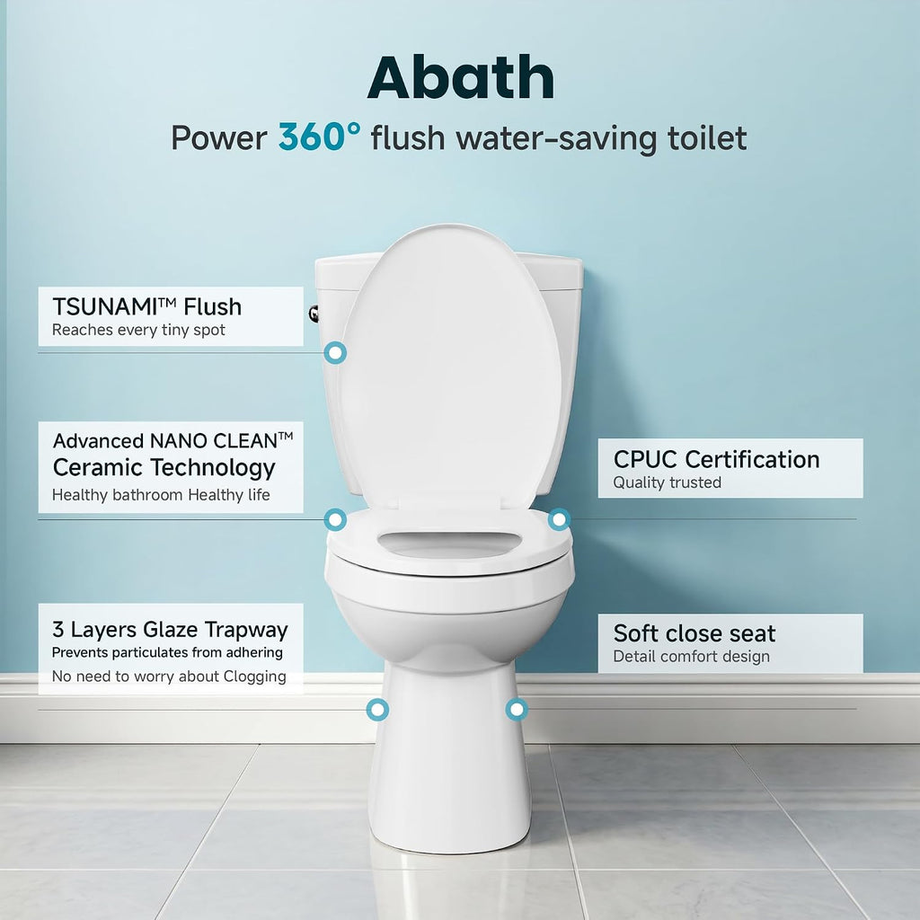 ABath 17.5' Tall Toilet Elongated with Soft Close Seat & 360° TSUNAMI Flush 1 GPF, WaterSense/1000g Map Certified, NANO CLEAN Ceramic, Two Piece Compact Toilets for Small Bathrooms, 12' Rough in