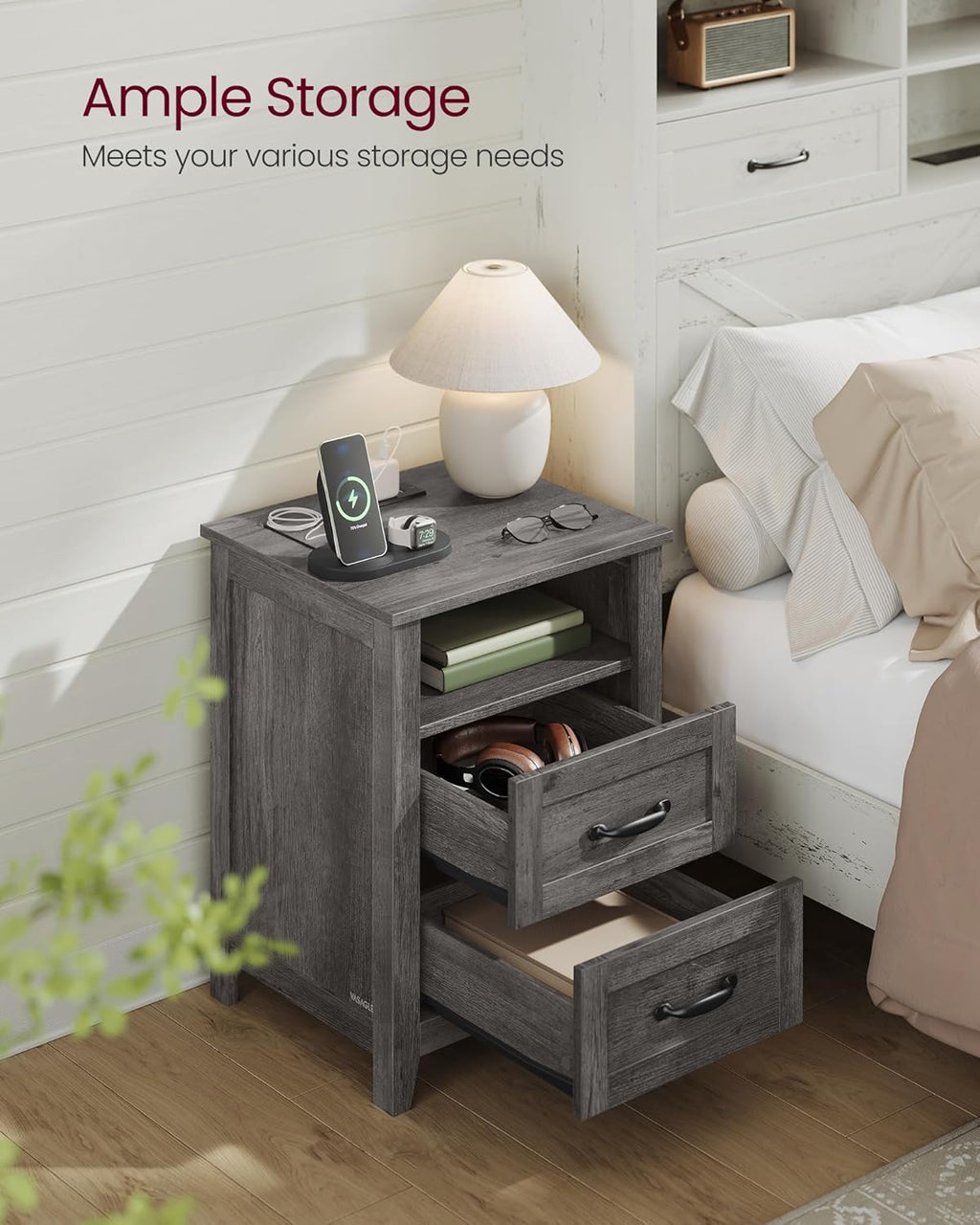VASAGLE LIRY Collection - Farmhouse Nightstands with Charging Station, Set of 2 Bedside Tables, Side Tables with 2 Drawers, Open Compartment, for Bedroom, Misty Gray ULET869G01