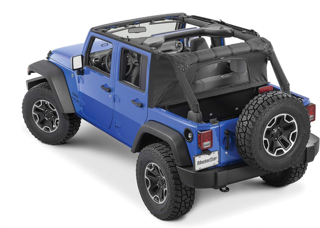 MasterTop 3-Piece Ultimate Summer Soft Top Combo - Bimini Soft Top, Wind Stopper Cab Curtain, and Tonneau Deck Cargo Cover - Fits Jeep Wrangler JK JKU Unlimited 4-Door 2010-2018 - Black MasterTwill