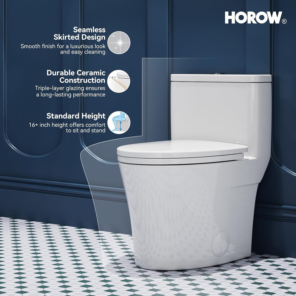 HOROW T0307W Elongated One Piece Toilet, Small Compact with Soft Close Seat, 1.1/1.6 GPF Powerful Dual Flush Toilet for Small Bathroom, 12' Rough-In Standard Toilet Bowl, White Modern Toilet