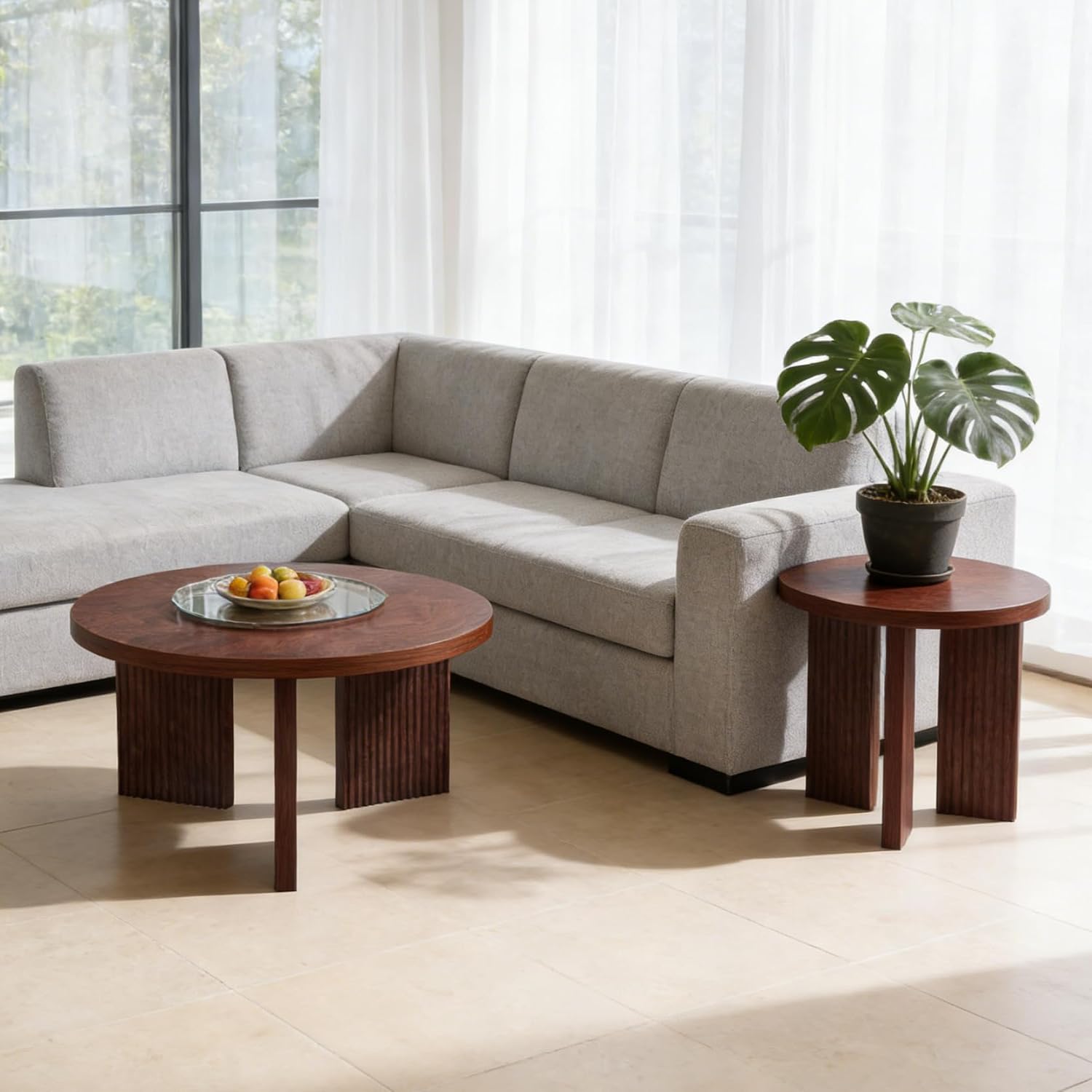 Nesting Coffee Table Set of 2, Modern Wooden Coffee Table with Smooth Thick Design, Circle Tea Table and End Table Set, Accent Center Tables for Living Room, Office, Burgundy