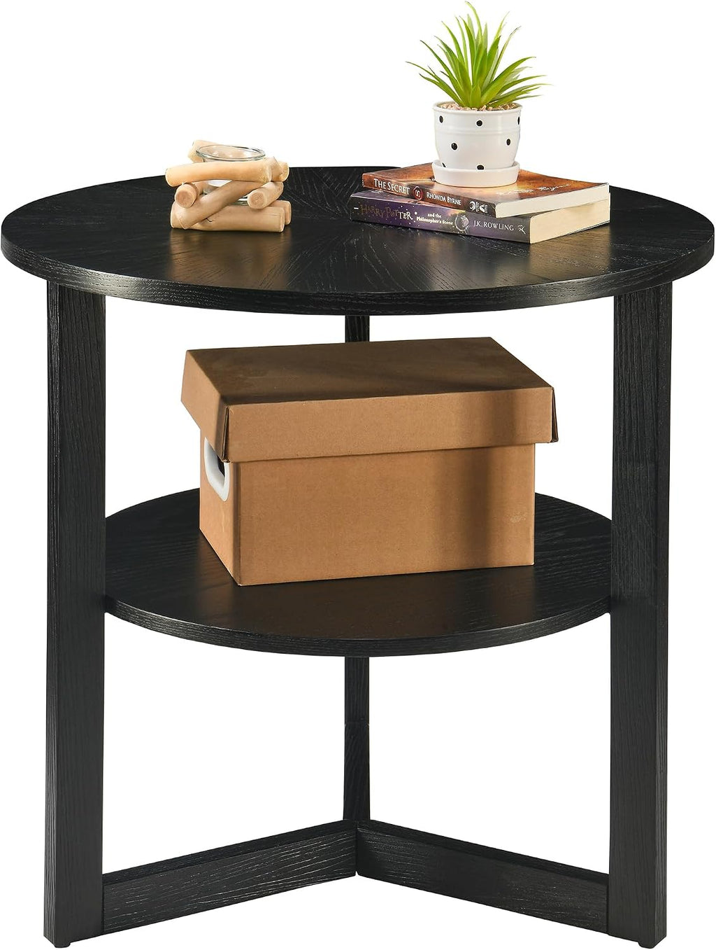 Large Round End Table with Storage Shelf, Rustic Beside Tables with Umbrella Top,Traditional Circular Sofa Side Table, 25.2'D Telephone Table for Living Room Easy Assembly Brushed Black CJZ3338BK