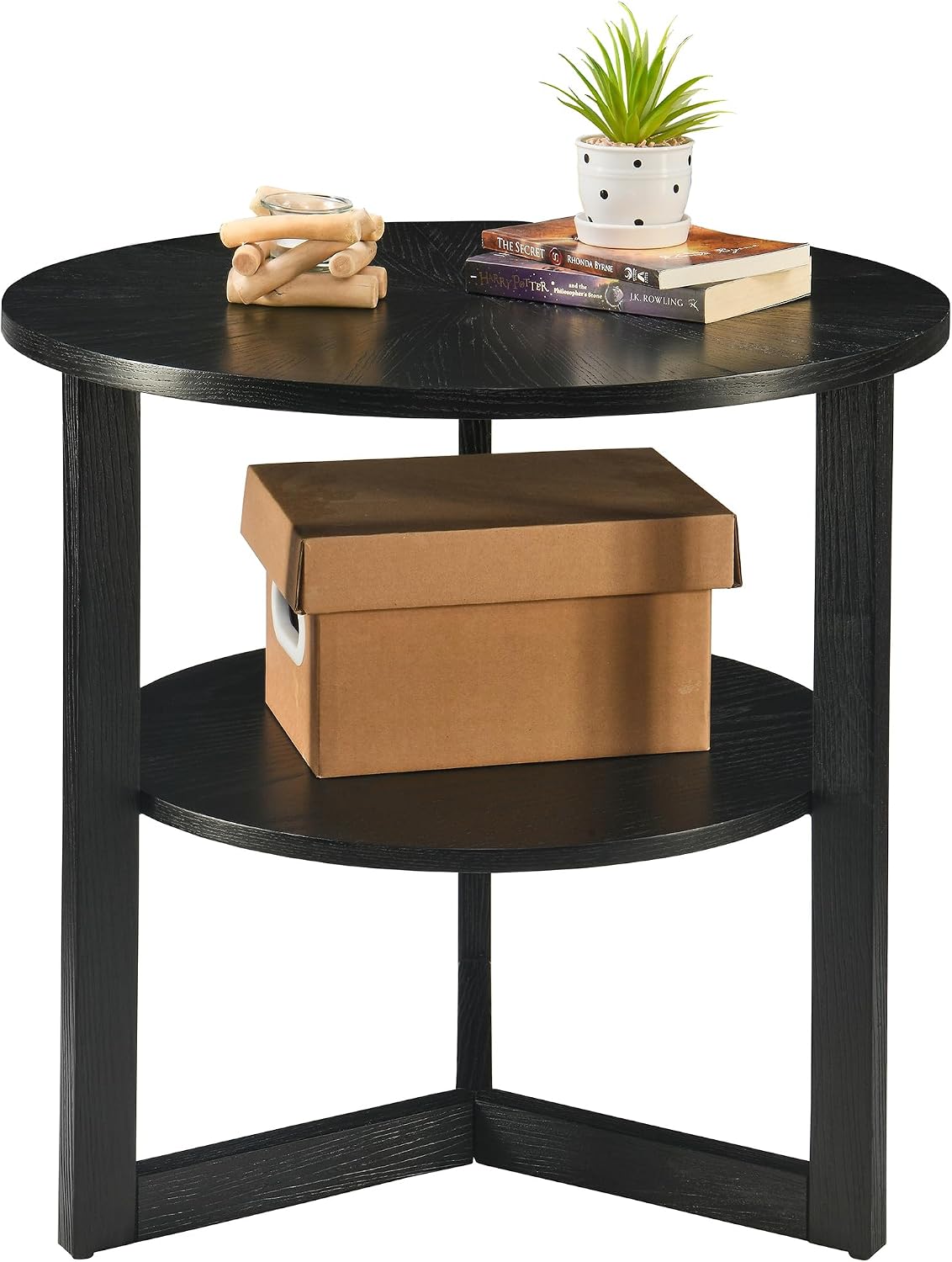 Large Round End Table with Storage Shelf, Rustic Beside Tables with Umbrella Top,Traditional Circular Sofa Side Table, 25.2'D Telephone Table for Living Room Easy Assembly Brushed Black CJZ3338BK