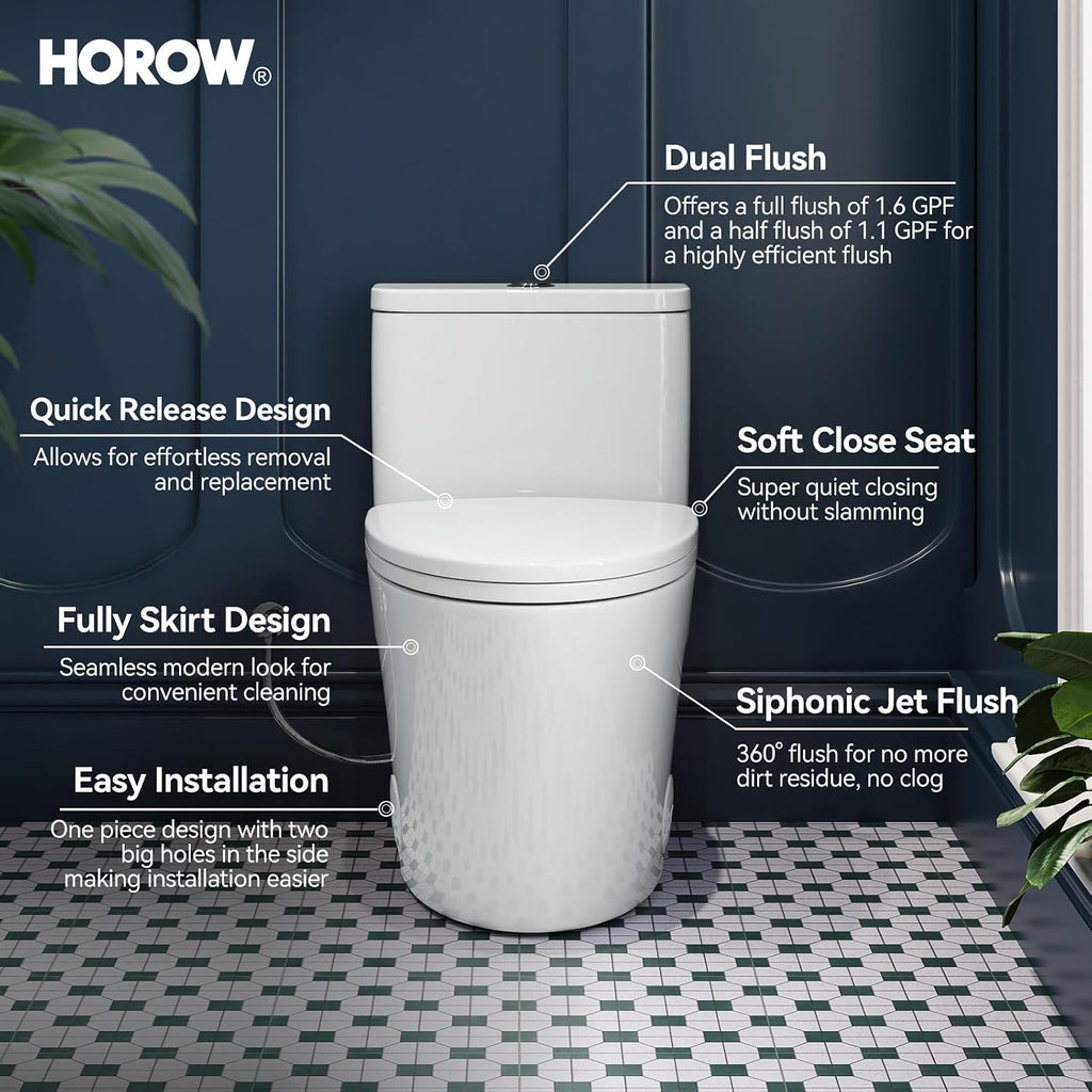 HOROW T0307W Elongated One Piece Toilet, Small Compact with Soft Close Seat, 1.1/1.6 GPF Powerful Dual Flush Toilet for Small Bathroom, 12' Rough-In Standard Toilet Bowl, White Modern Toilet