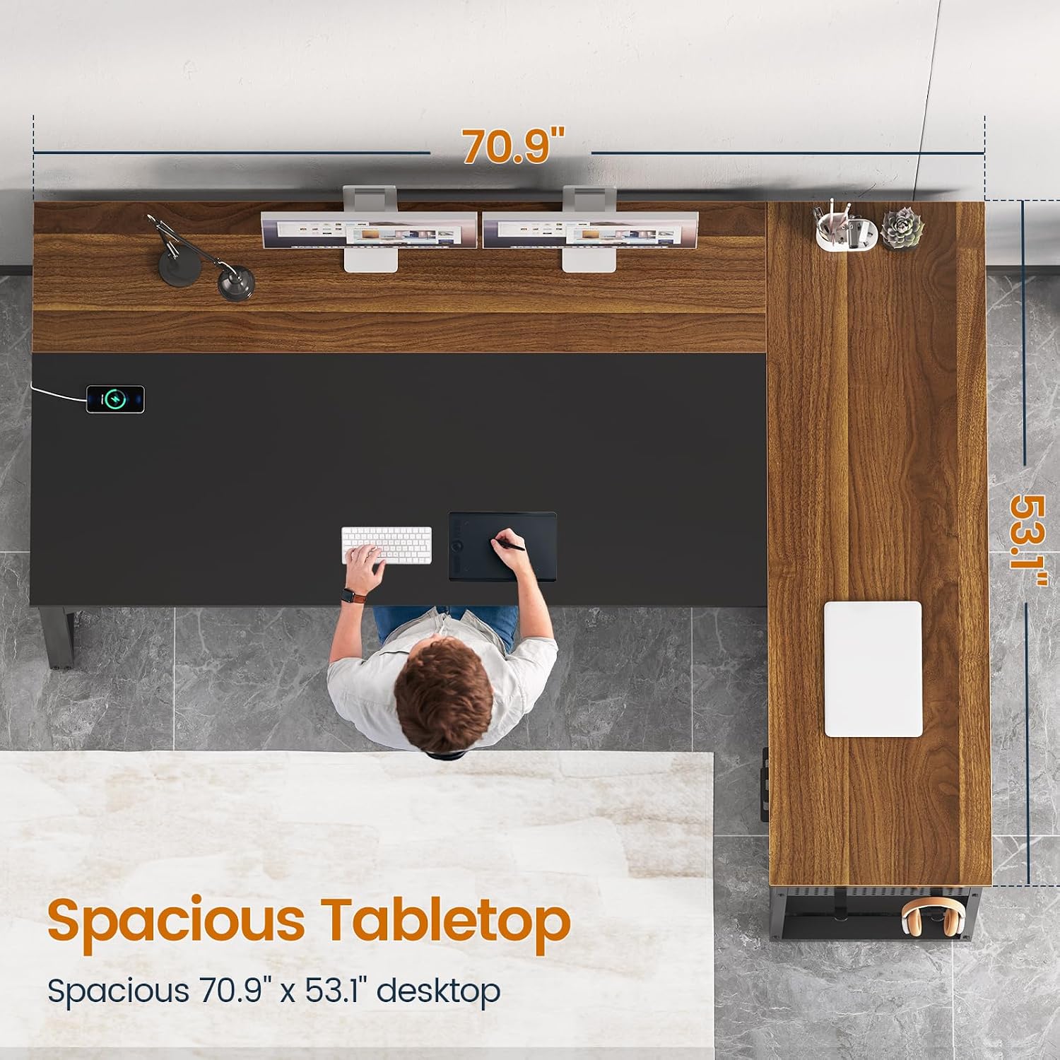 UPOSOJA 71 in Executive Desk with Power Outlets, Reversible L Shaped Computer Desk with File Drawers & Storage Shelves, Large Office Desk with Pegboard, Mobile CPU Stand, Modern Corner Desk (Walnut)